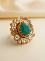 Side profile of bold moissanite ring with gold-plated finish and stone detailing