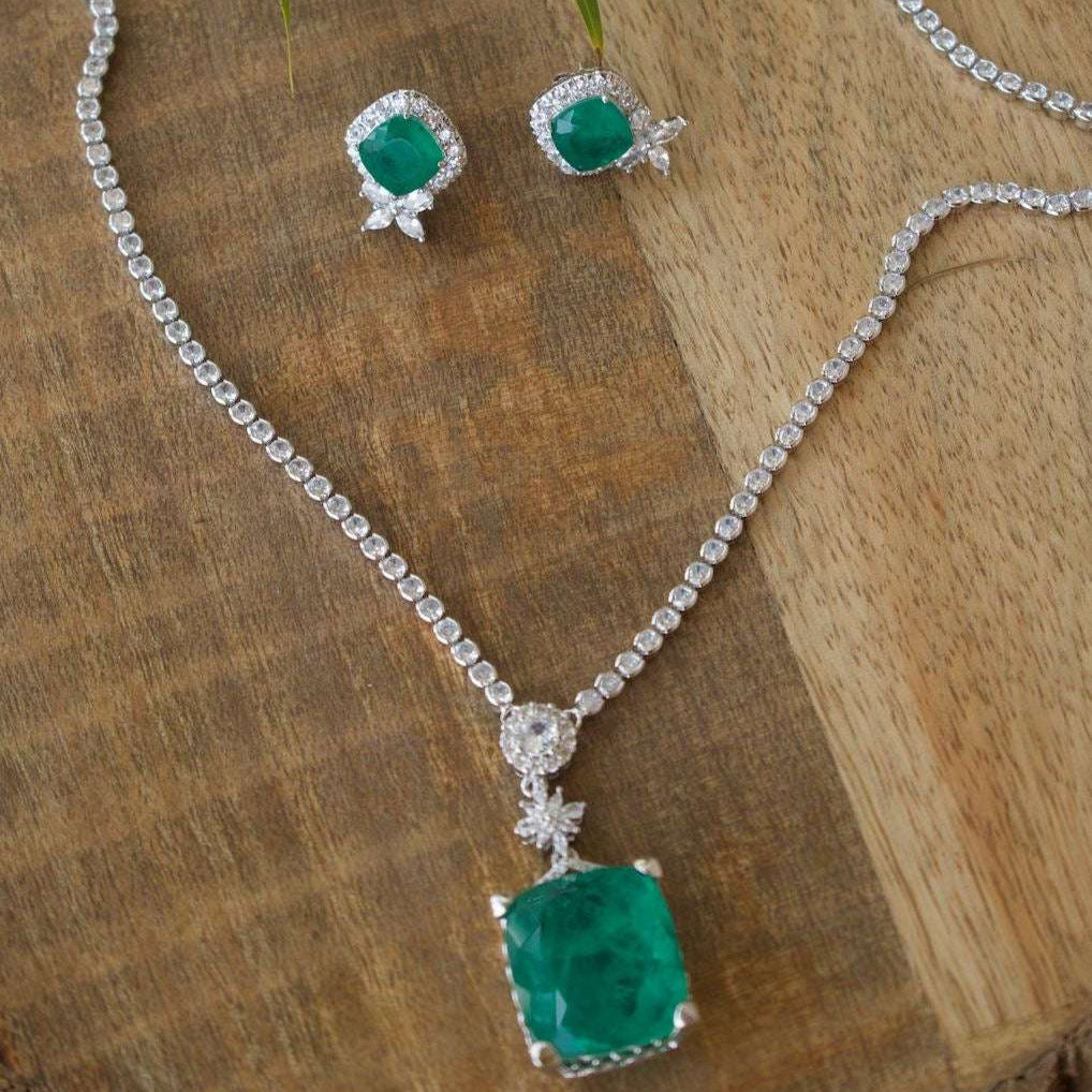 Royal Emerald Drop Necklace Set AAA+ White Rhodium Finish