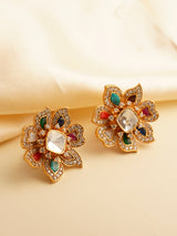 Mother of pearl and moissanite polki stud earrings in gold plated brass