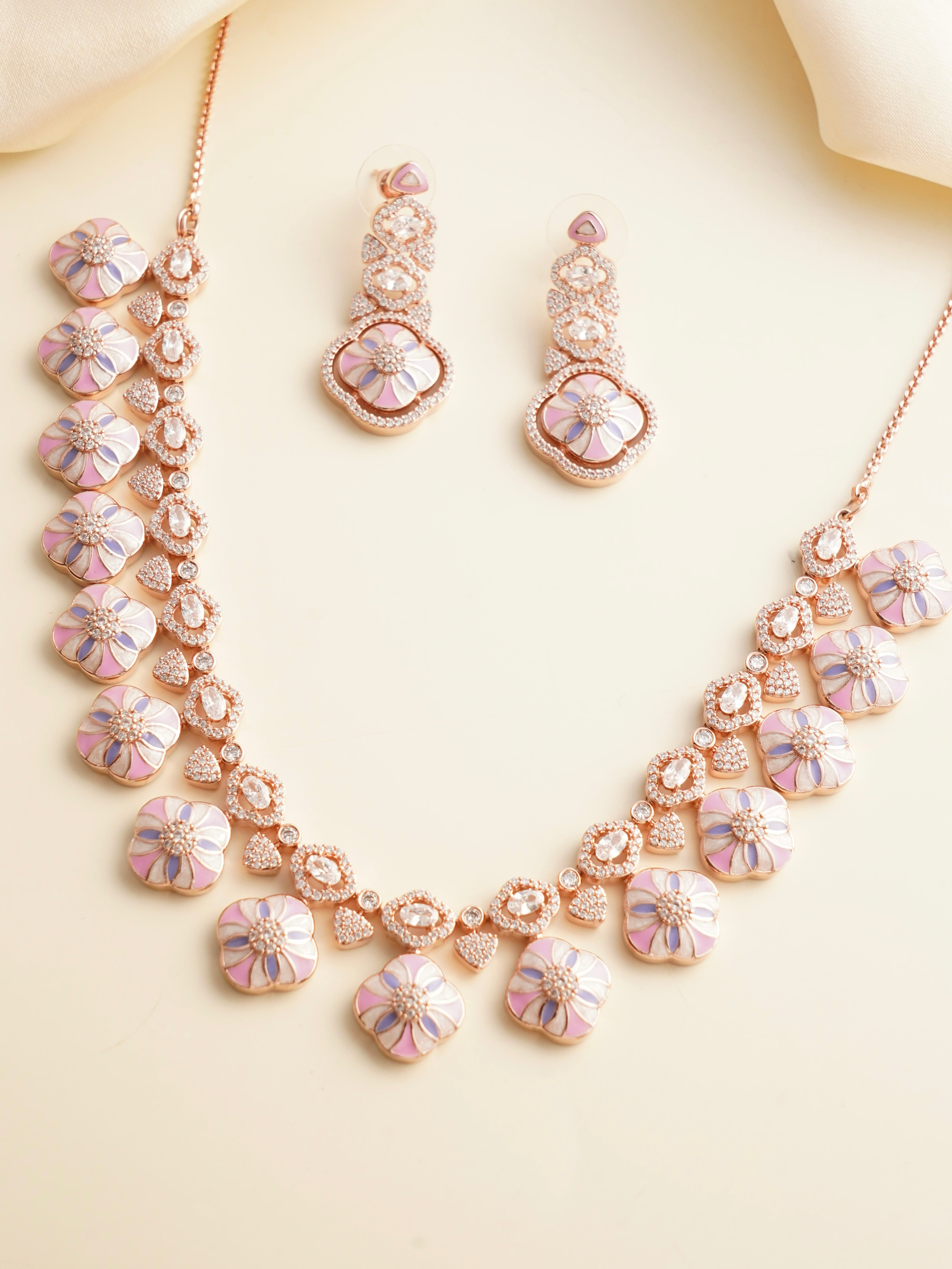 meenakari enamel necklace set with floral pink and lilac motifs and rose gold-plated finish