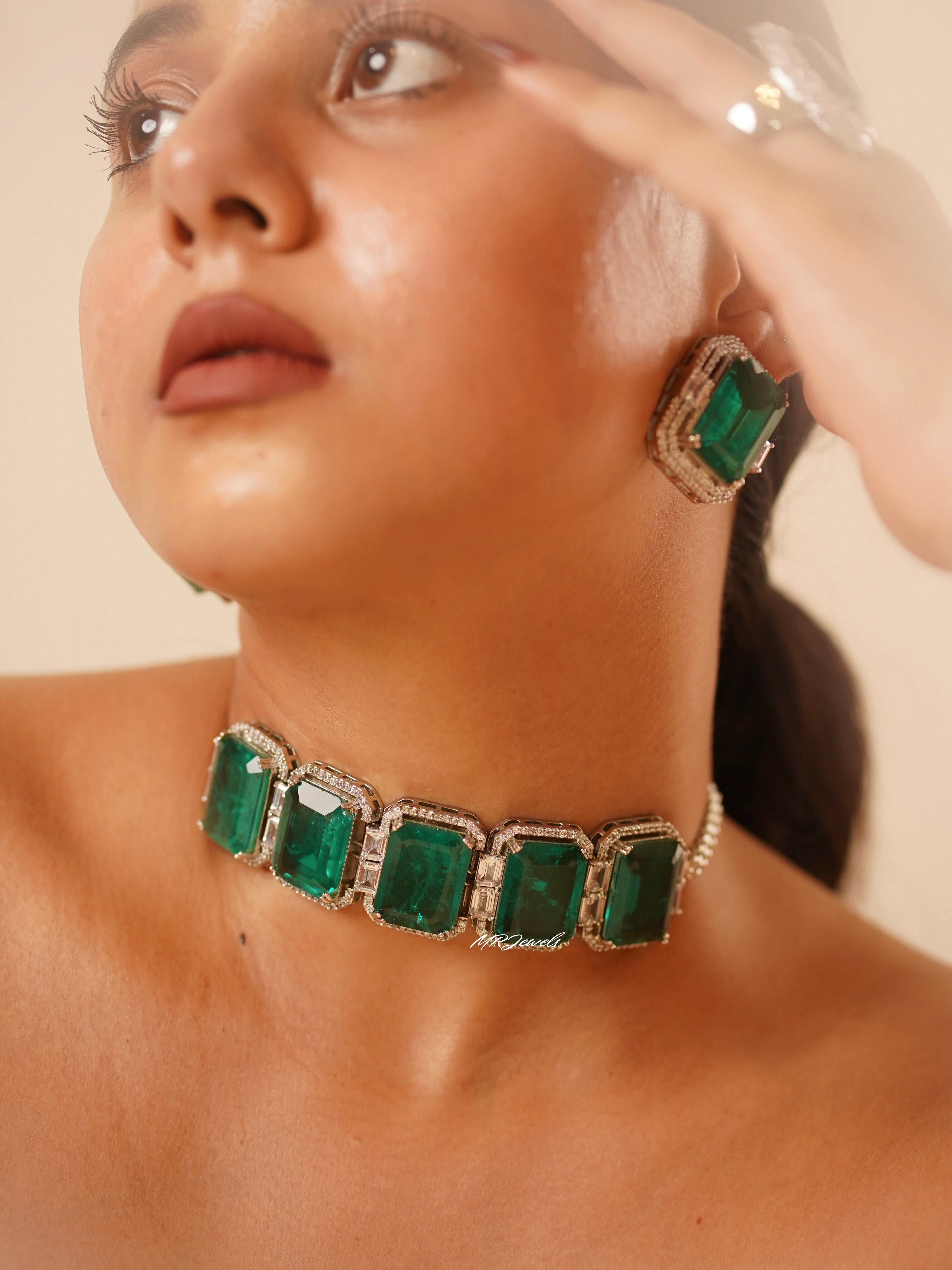 Royal envy emerald choker set with emerald-cut green stones and pavé crystal detailing