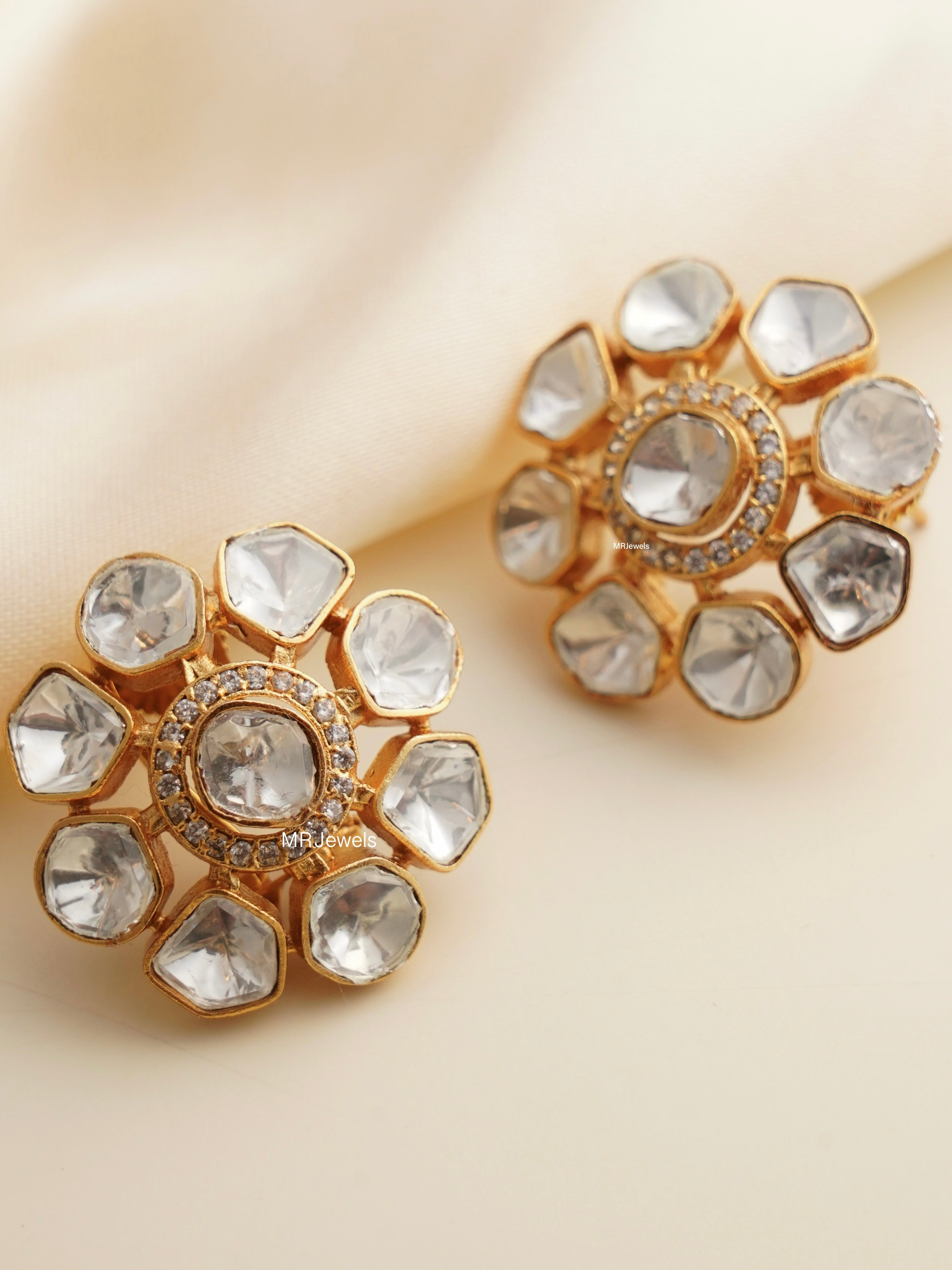 Moissanite uncut polki studs with gold-toned finish, featuring clip and pushback closures
