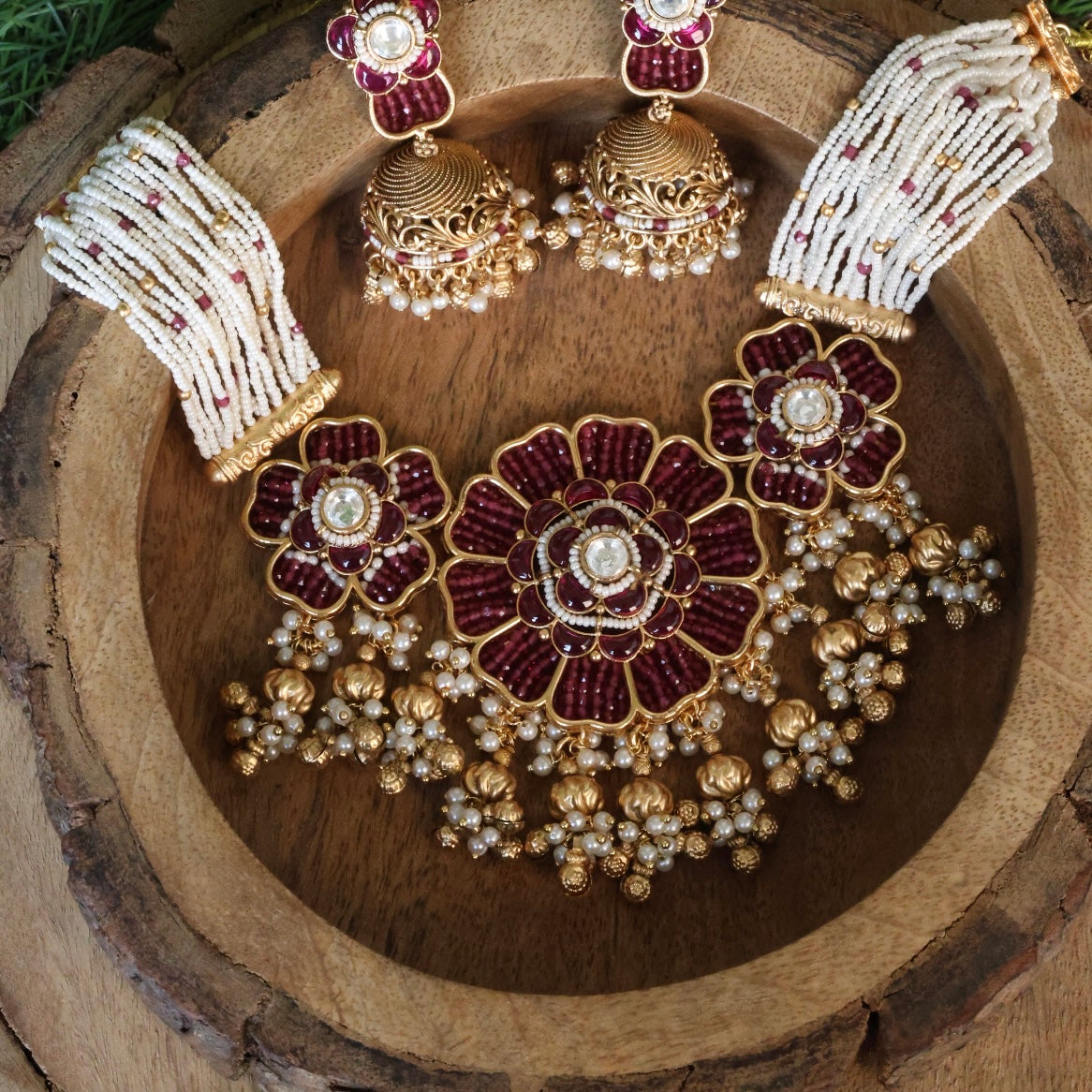 Alternate angle of Gulzar Royalty necklace with jhumkas and kundan enamel accents