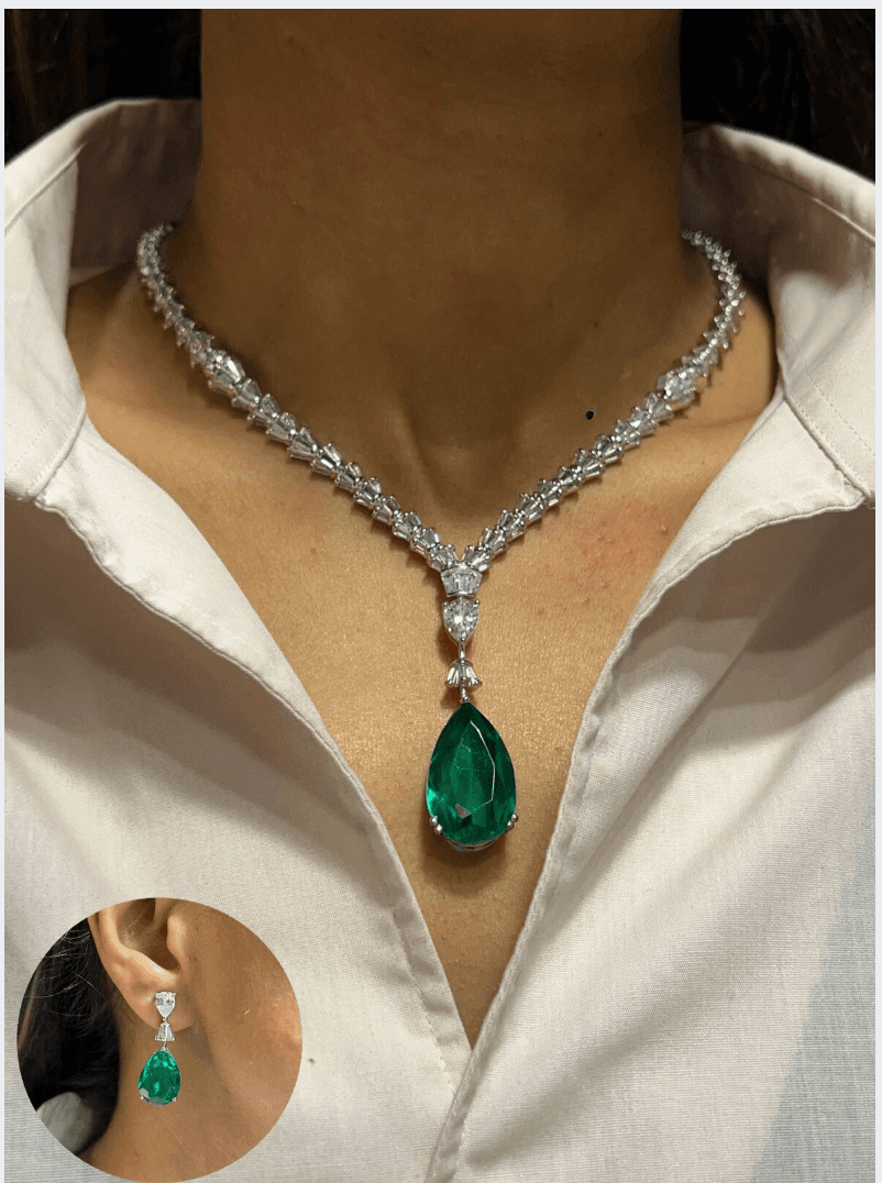 Stunning Emerald Pendant Necklace and Earring Set Premium Quality