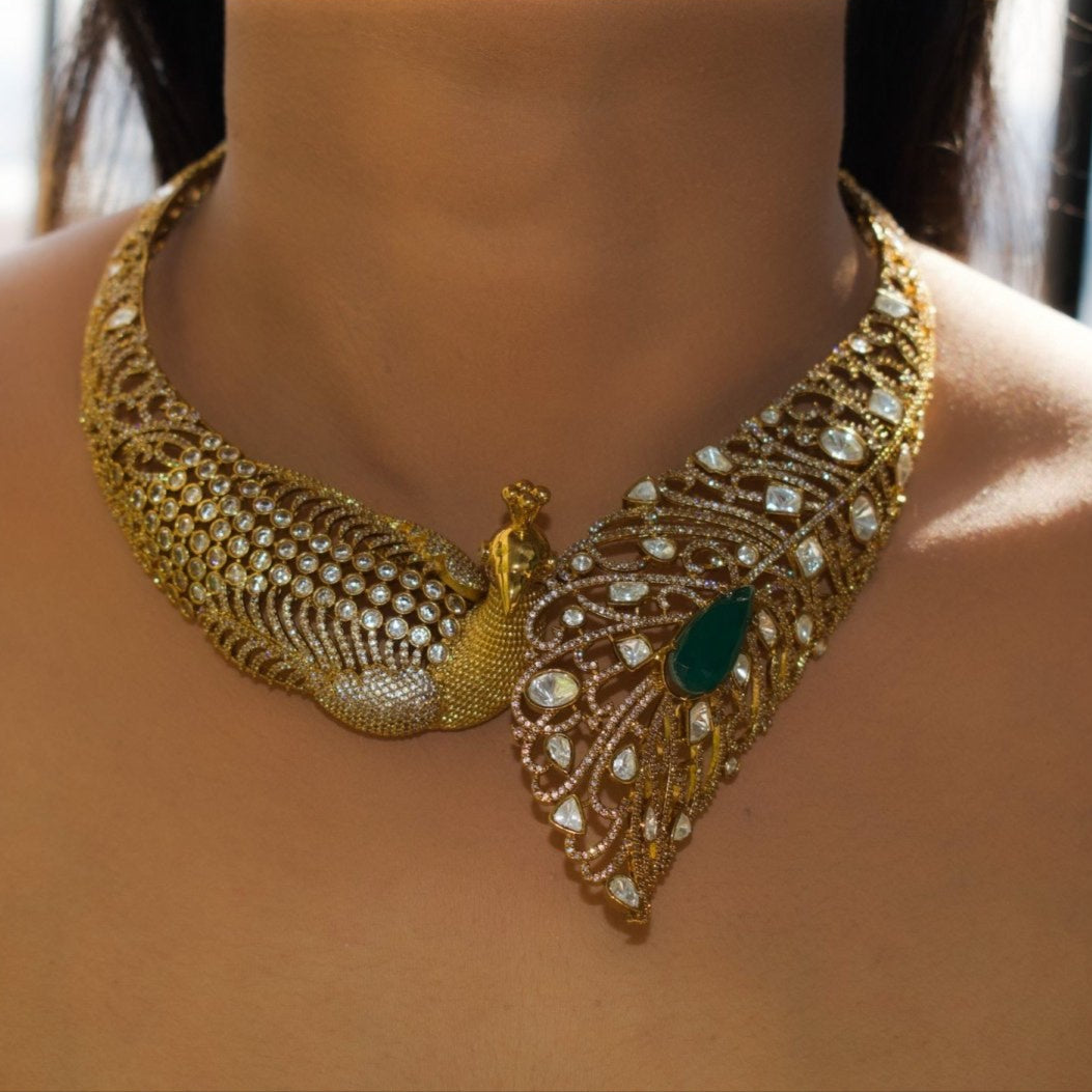 Designer Peacock Statement Hasli with designer earrings - MR Jewels