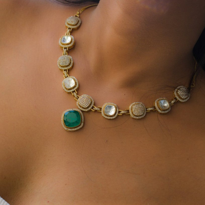 Emerald and American Diamond Necklace - MR Jewels