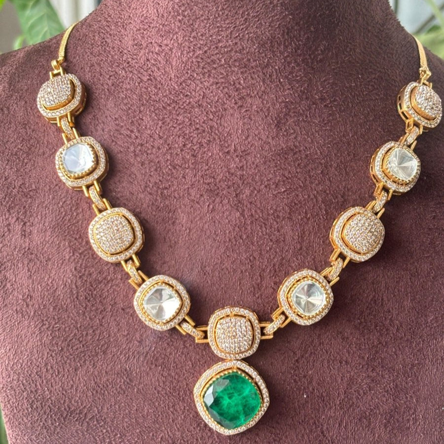 Emerald and American Diamond Necklace - MR Jewels