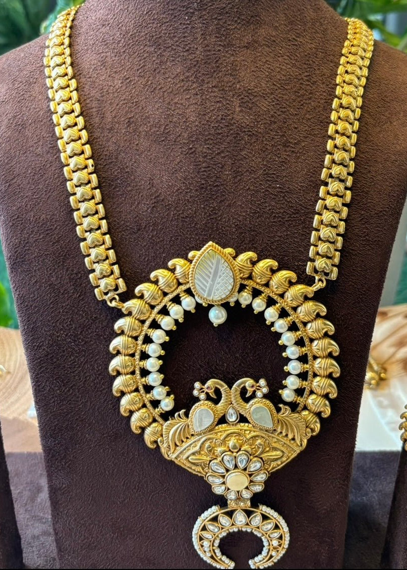 Grand Royal Peacock Micron Gold Plated Haram Necklace Set - MR Jewels
