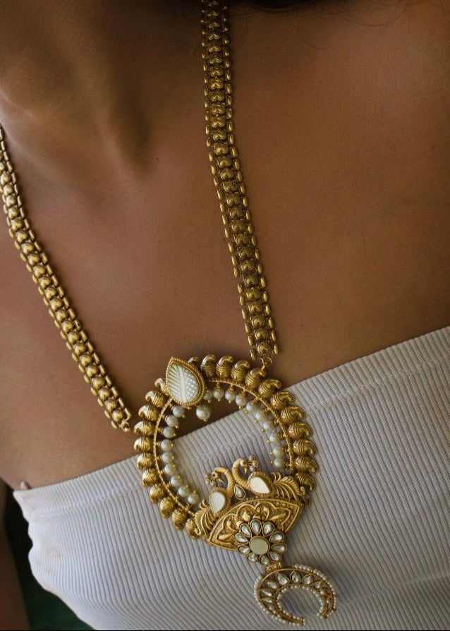 Grand Royal Peacock Micron Gold Plated Haram Necklace Set - MR Jewels