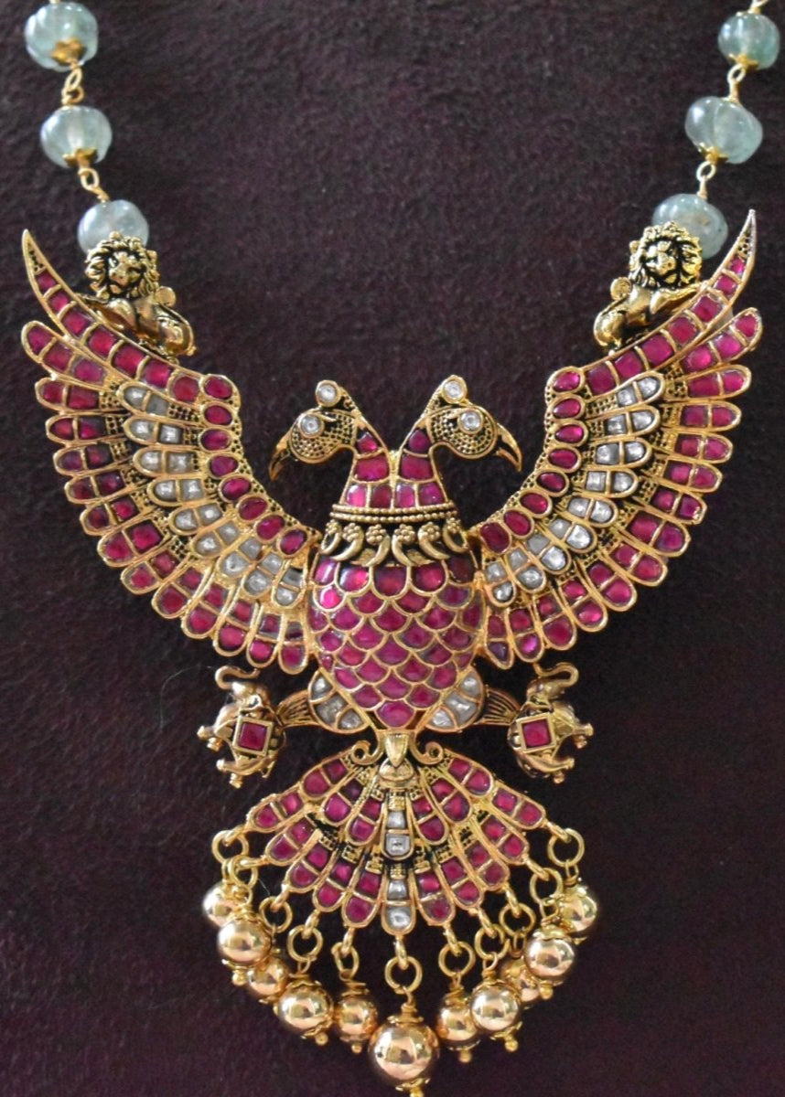 Luxe Sovereign Eagle Jadau Pachi kundan Pendant with Pumpkin Beads - MR Jewels