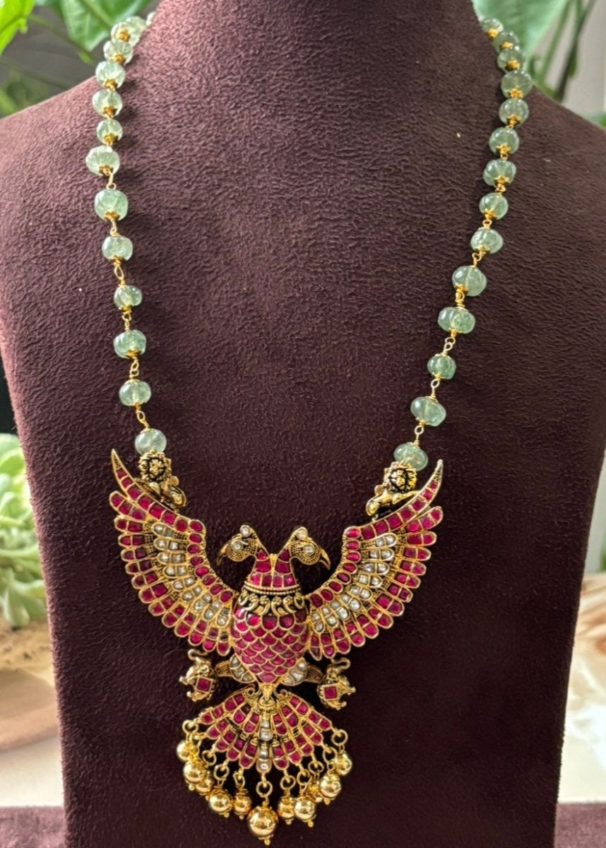 Luxe Sovereign Eagle Jadau Pachi kundan Pendant with Pumpkin Beads - MR Jewels