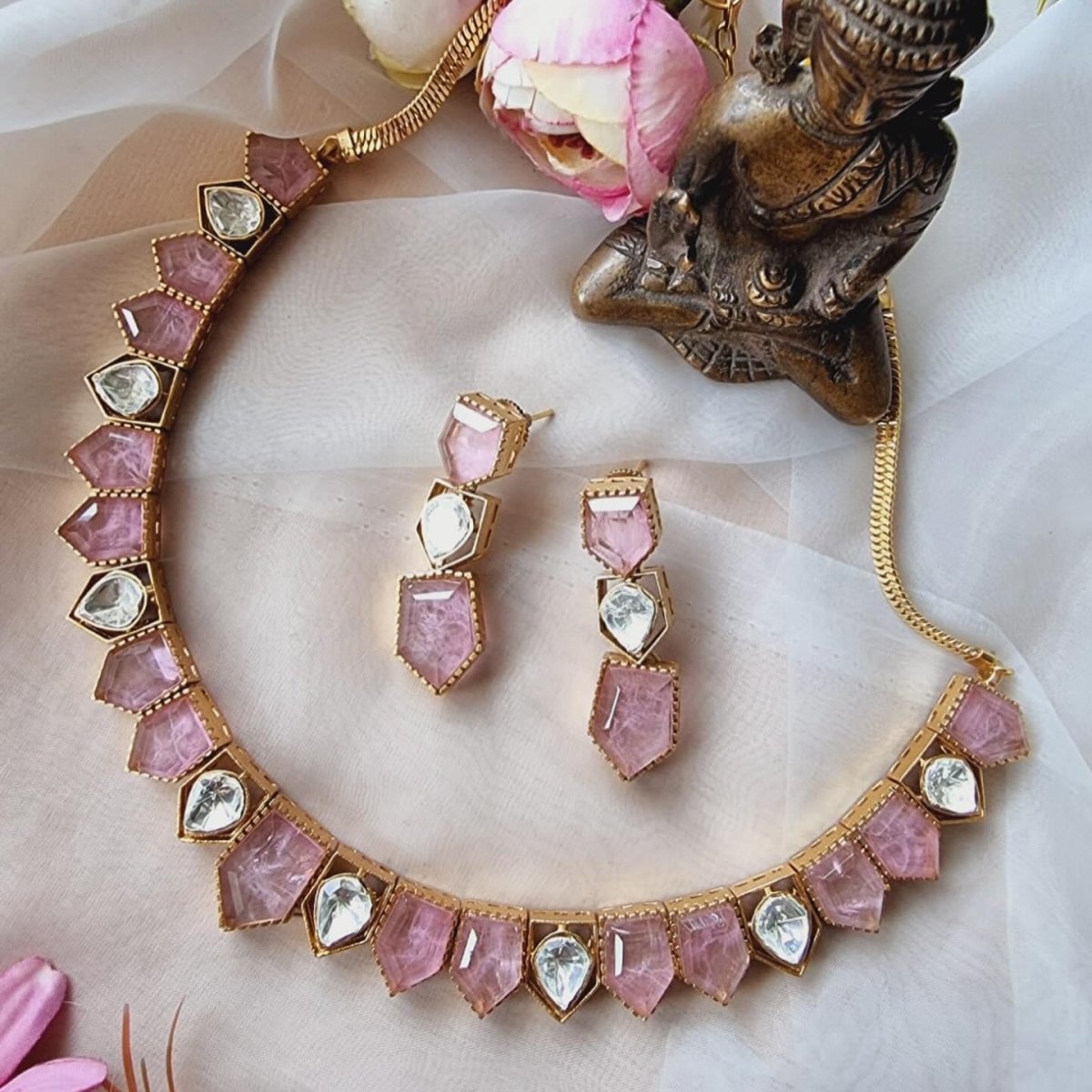 Pentagon Shape Kundan Stone Necklace with Earrings - MR Jewels