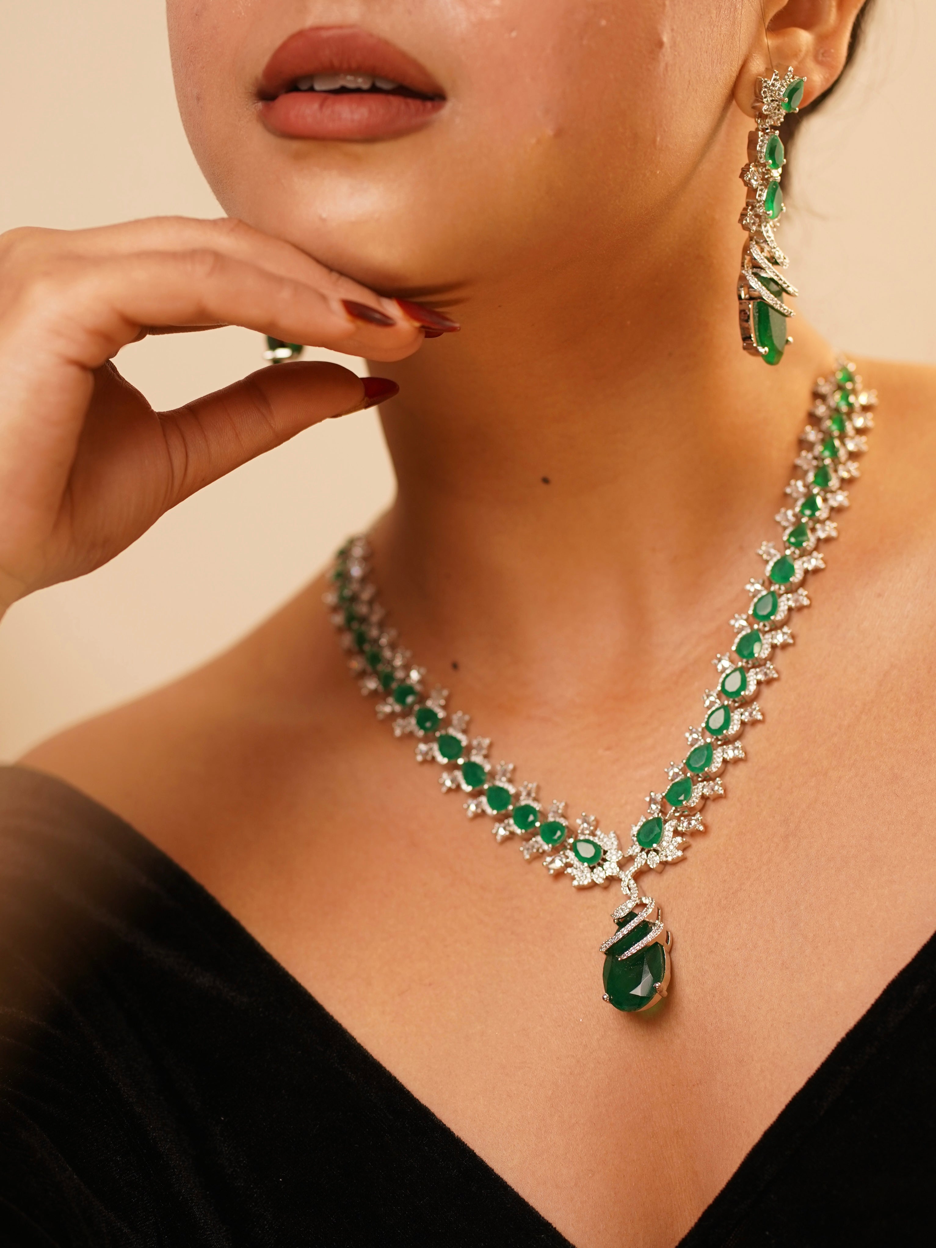 ruby and american diamond necklace set in gold plating with semi-precious stones