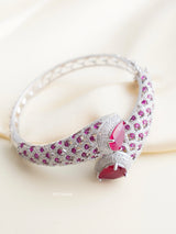 openable kada bracelet featuring twin pear‑cut ruby stones and lattice pavé cz setting
