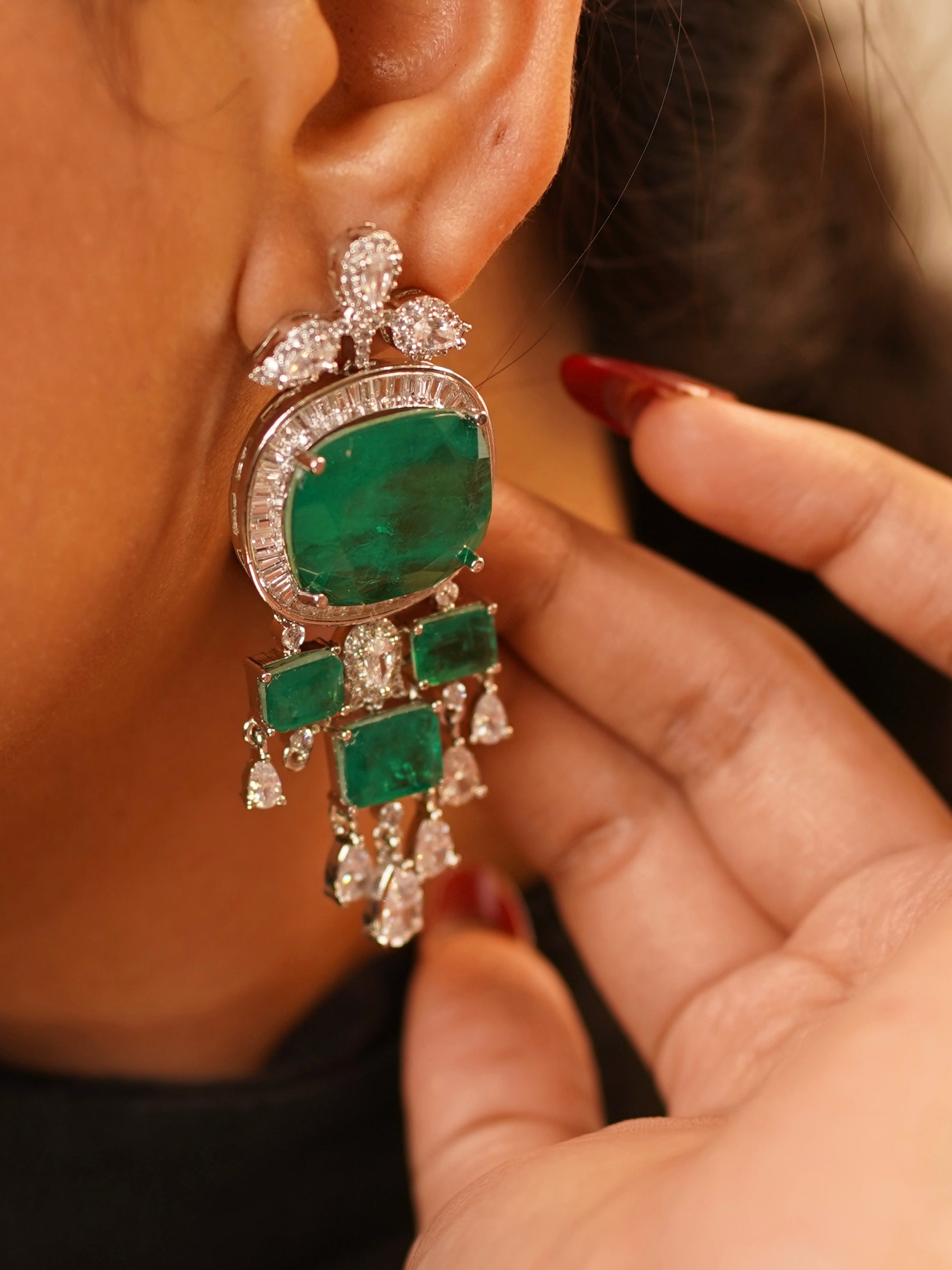 layered emerald necklace set with matching earrings in regal long style