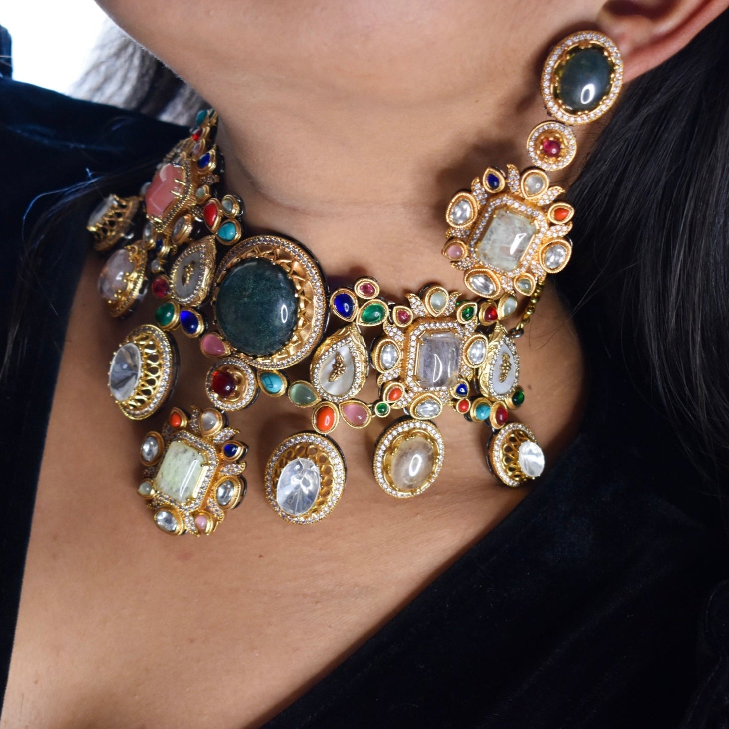 Close-up of Sabyasachi-inspired necklace with uncut stones and intricate gold craftsmanship