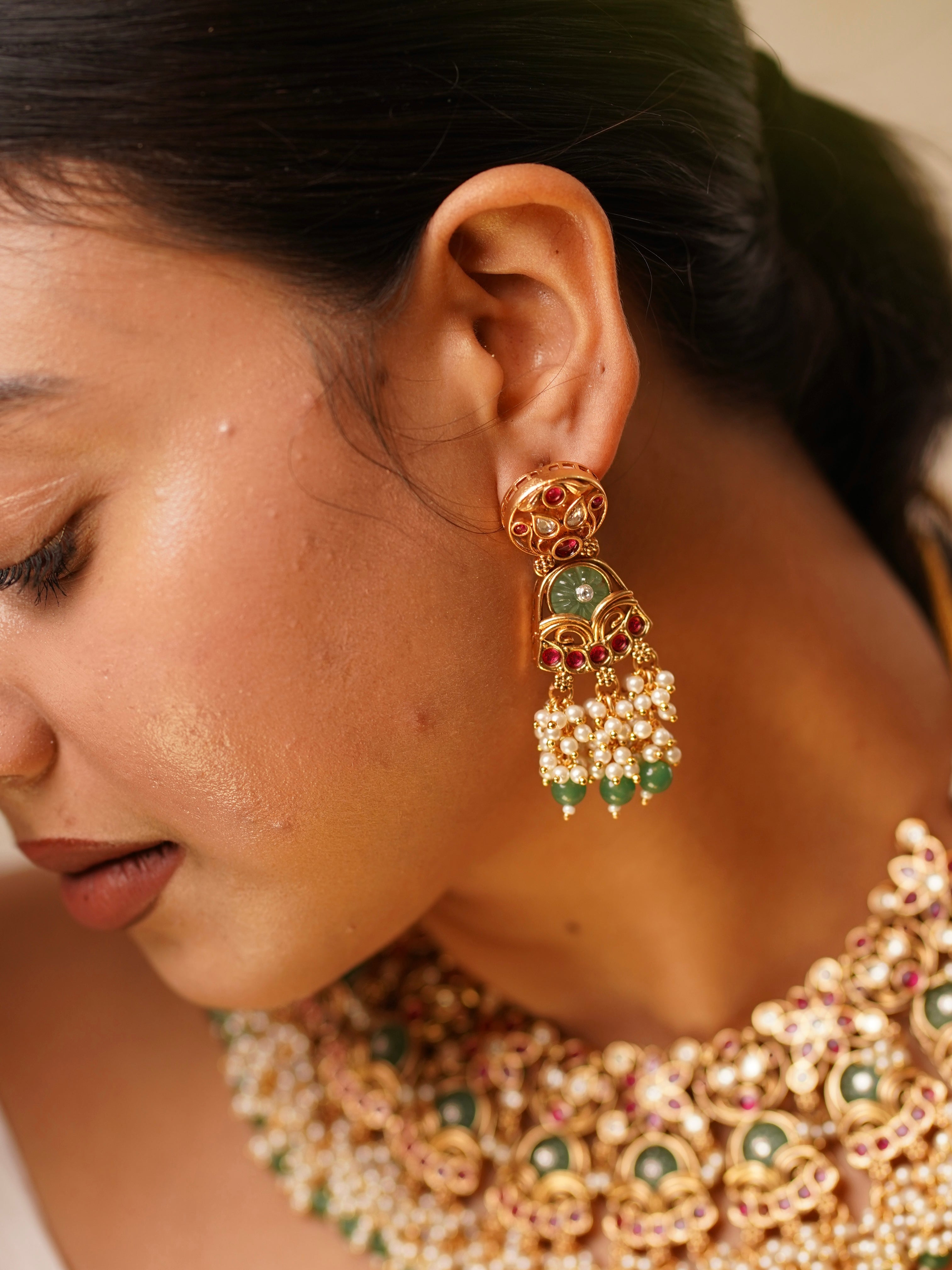 Vanita choker necklace with deep green enamel, temple charms, and cascading pearl beads