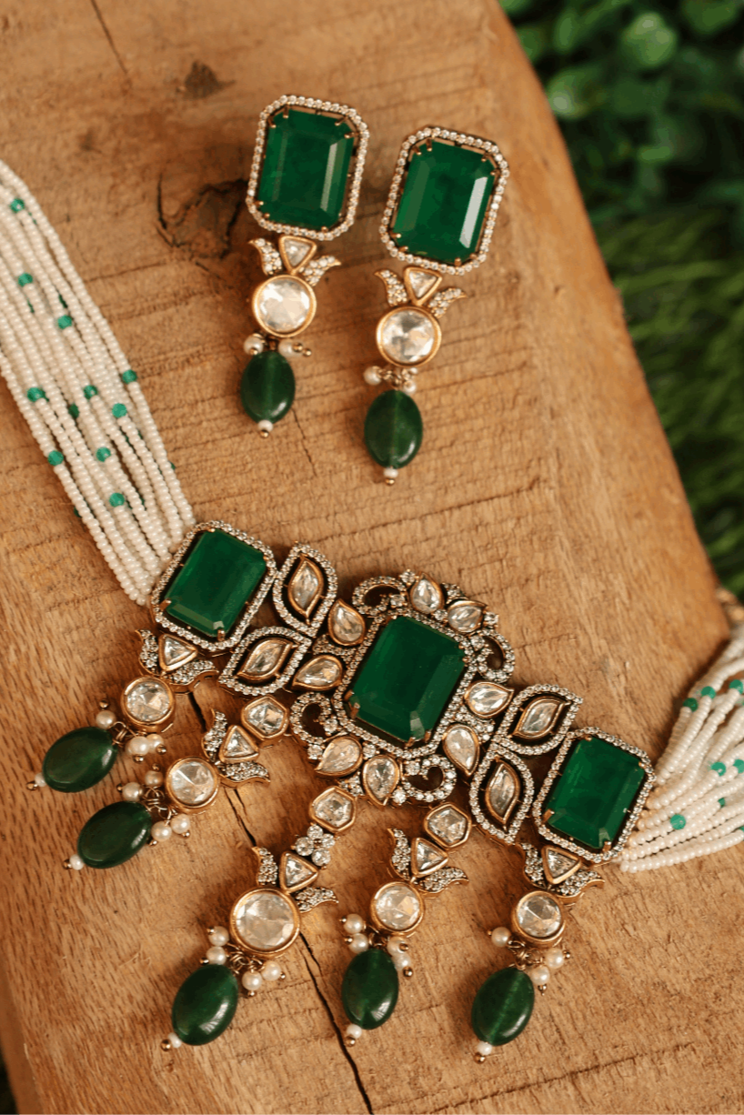Green Beaded Kundan Choker Set