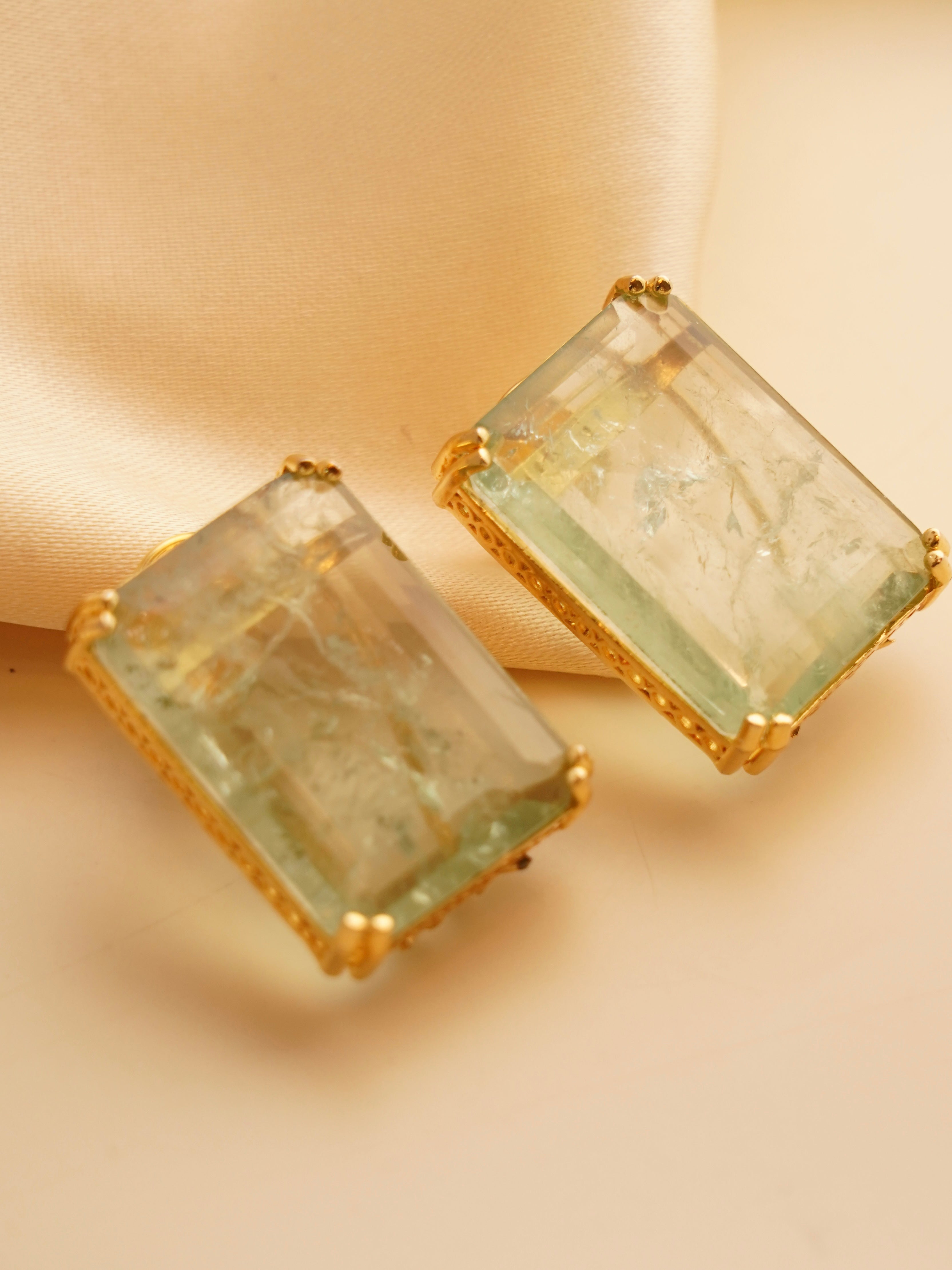 Rear view of rectangular earrings with doublet stones and clip-on backing