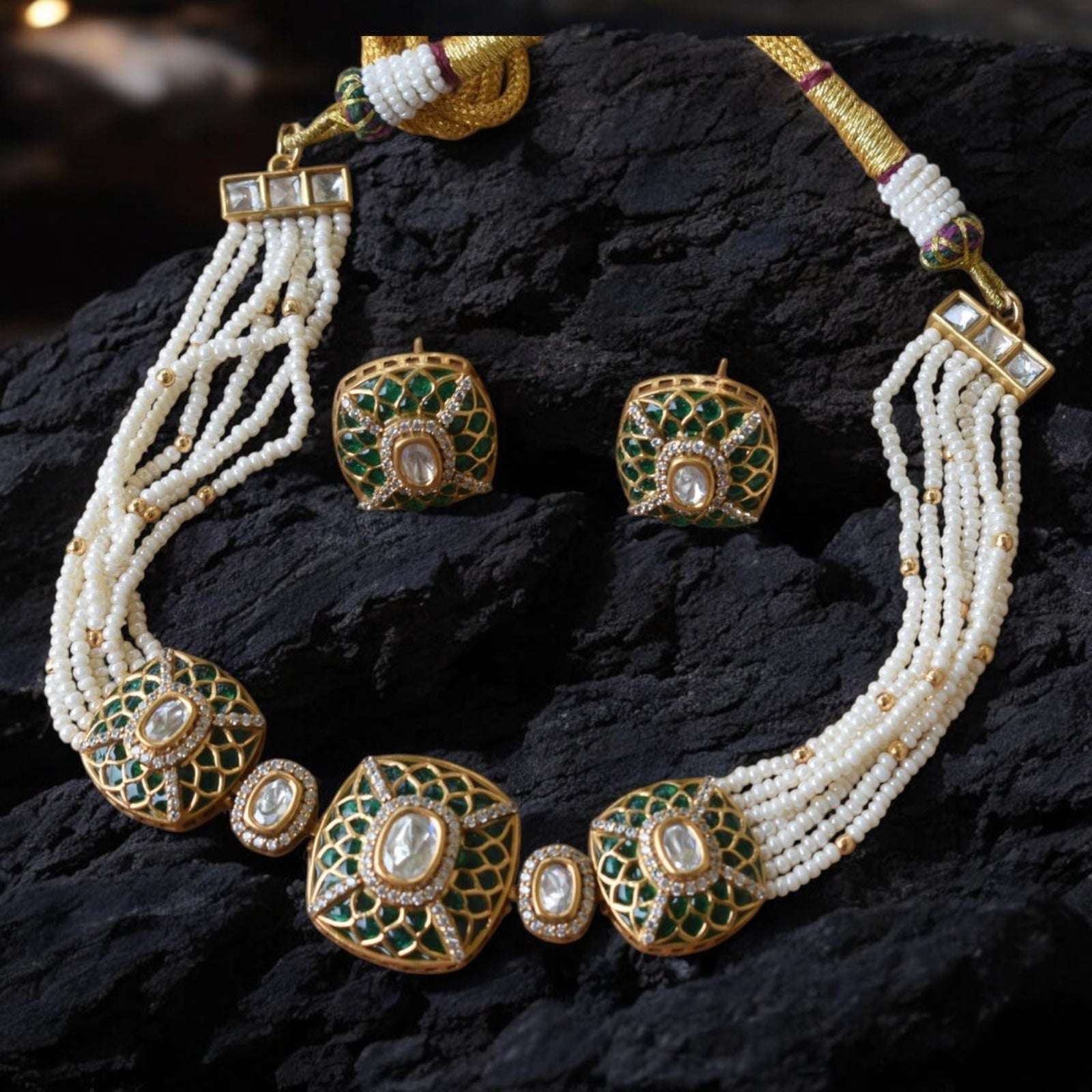 Gold-Plated Kundan Polki Choker Set Pearl & Enamel Detailing