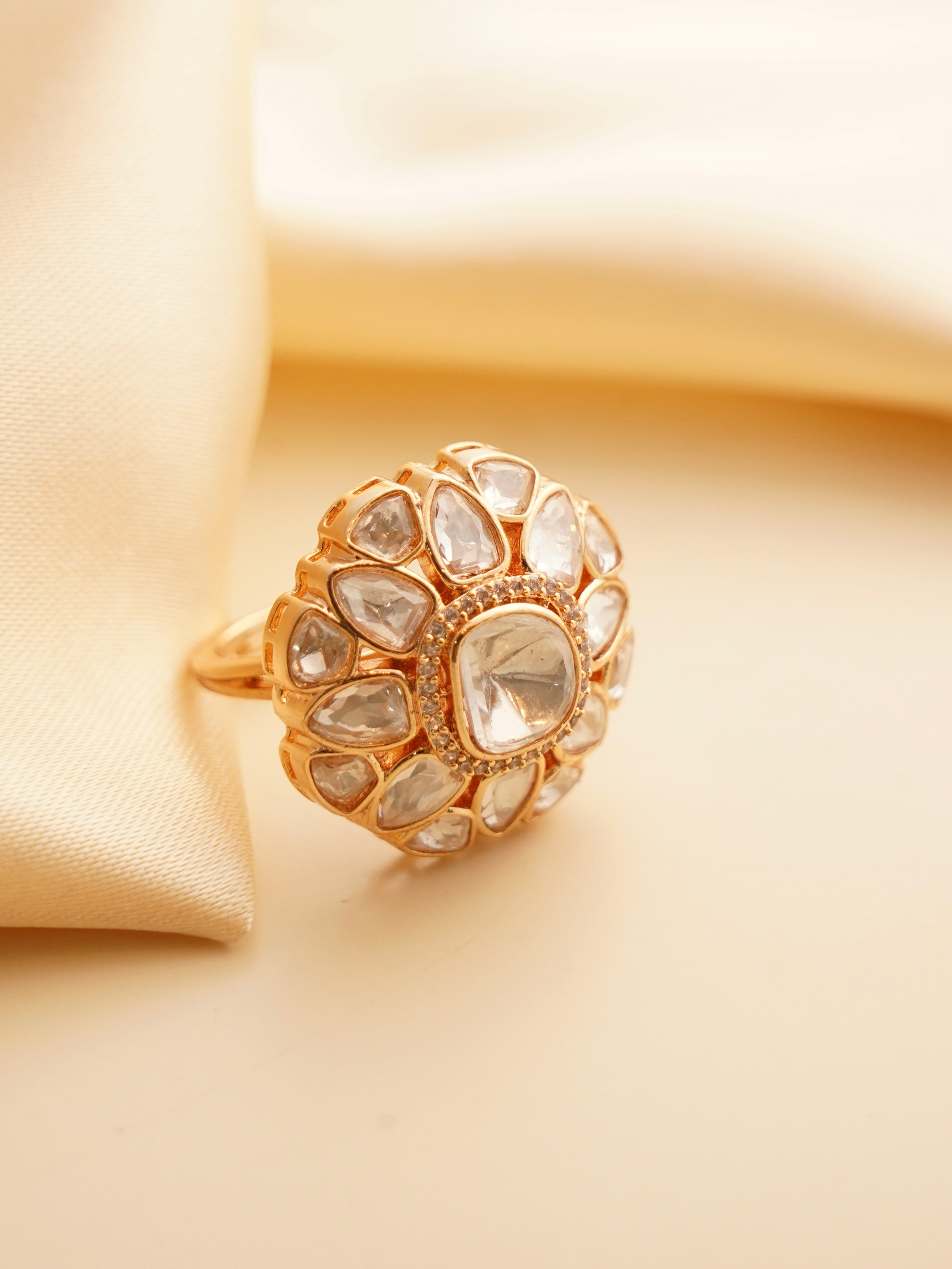 Kundan statement ring with floral dome design and gold plating in top view