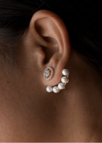 Pearl cascade earrings with sparkling diamond-like accents in front view