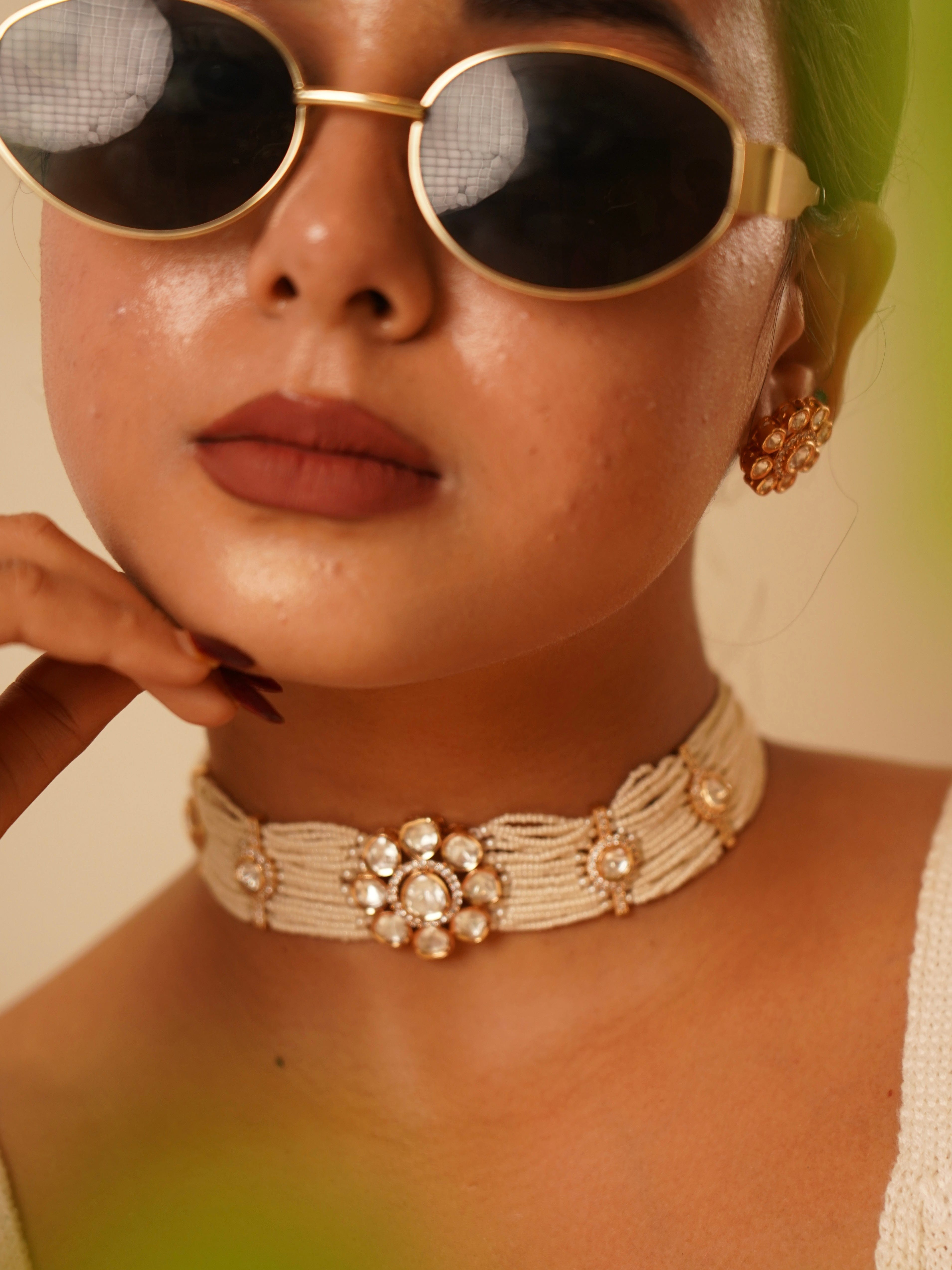 Kundan floral motif and ivory pearl choker necklace with matching stud earrings