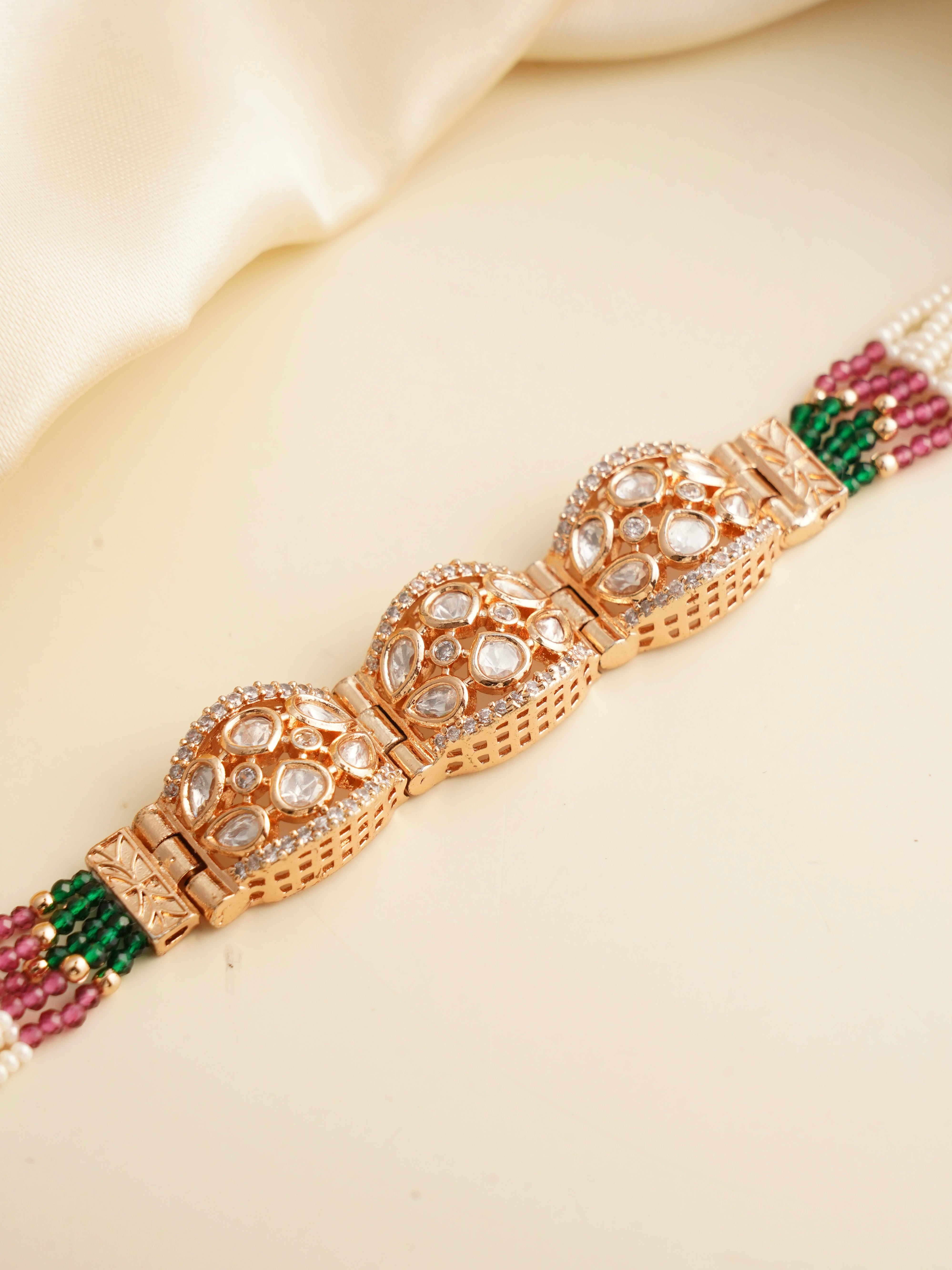 Polki dome bracelet with uncut stones, pearl strands and mixed green and pink beads