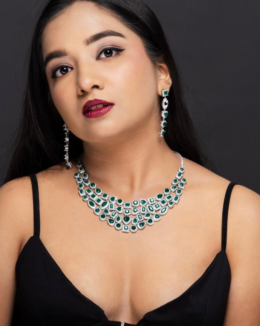 Bridal emerald necklace set with diamond details and micron silver plating