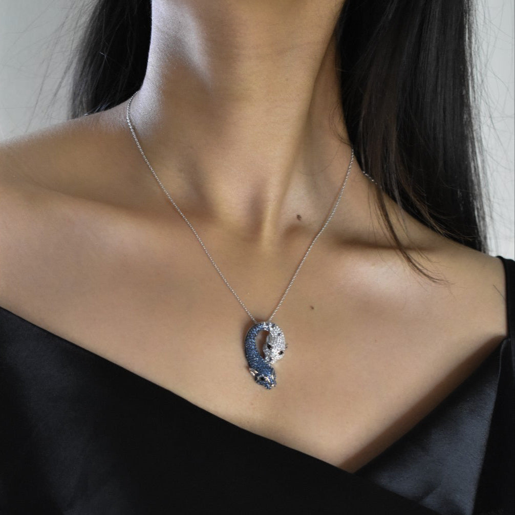 Duo panther pendant with Australian stones on silver chain, 3cm pendant