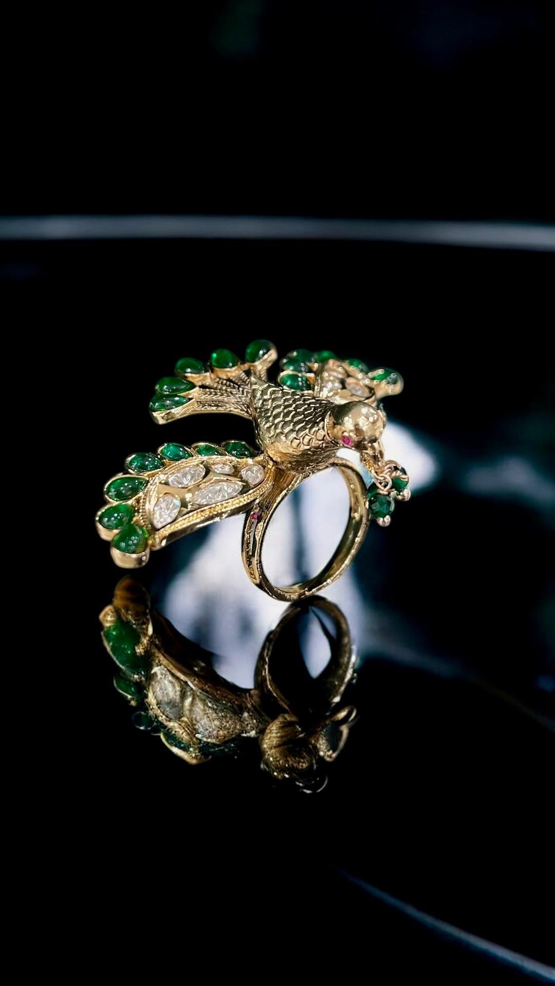 Top view of kundan cocktail ring with bird silhouette and gemstone-studded wings