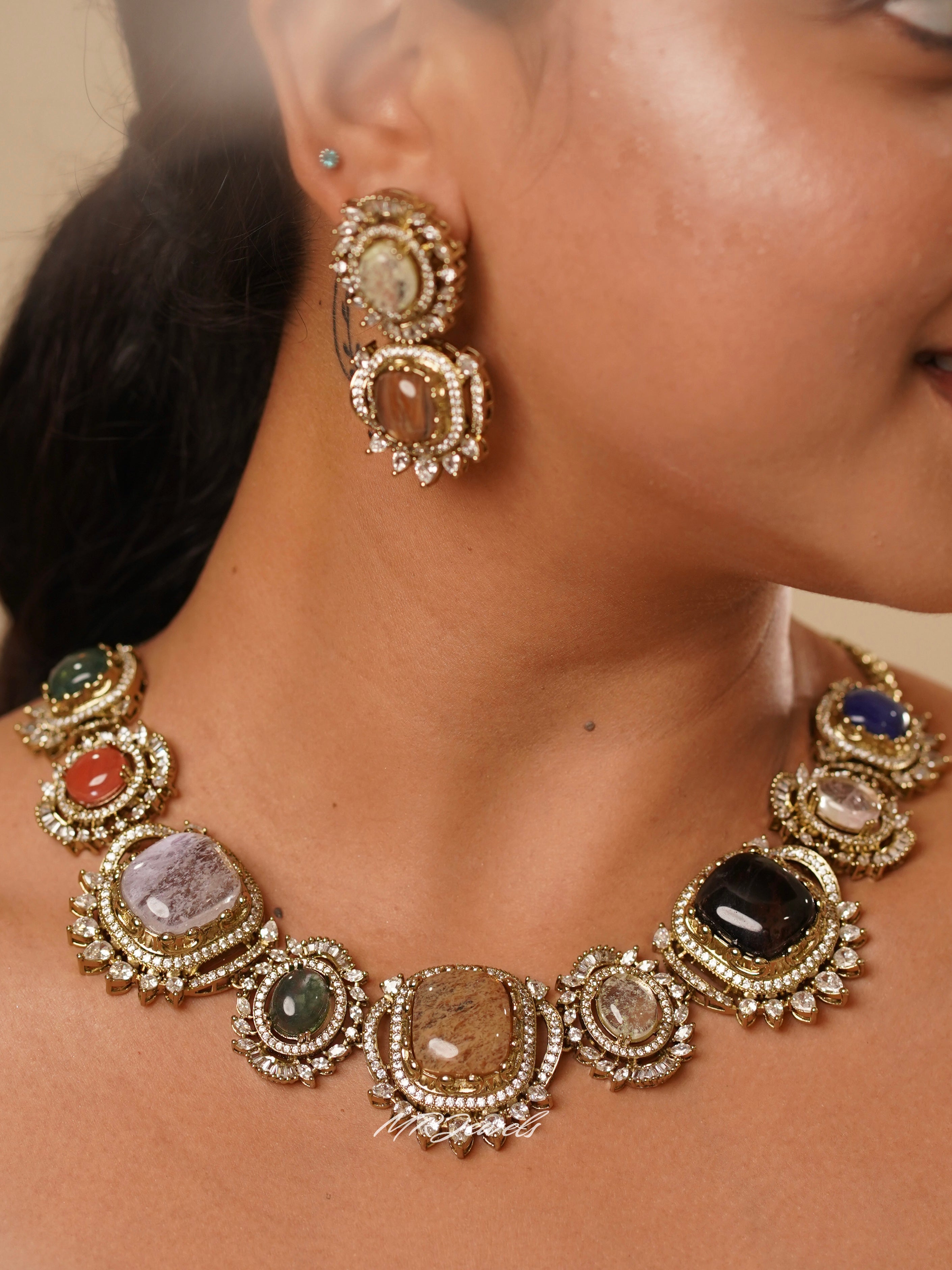 Navratna nazaakat necklace set with multicolour stones, kundan work, and uncut polki detailing