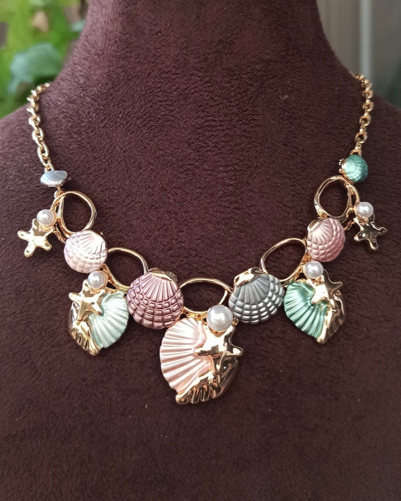 Close-up of shell necklace set with pastel marine elements and coastal-themed design