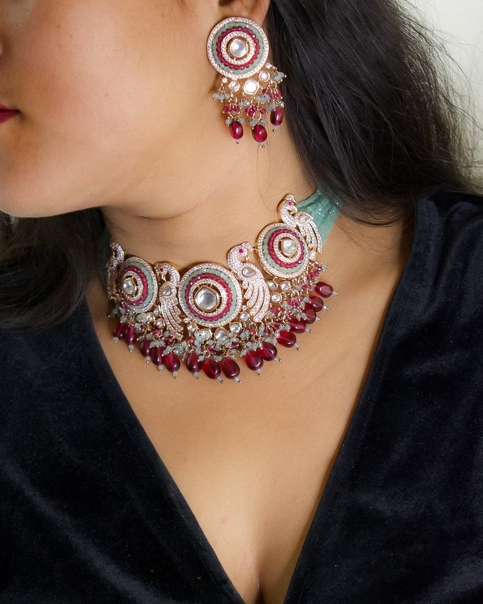 antique rose gold peacock necklace set with intricate craftsmanship and matching earrings