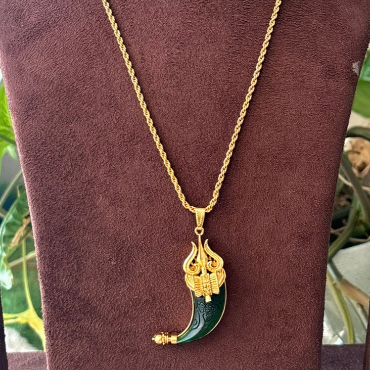 Front view of Trishul necklace highlighting carved design and chain detailing