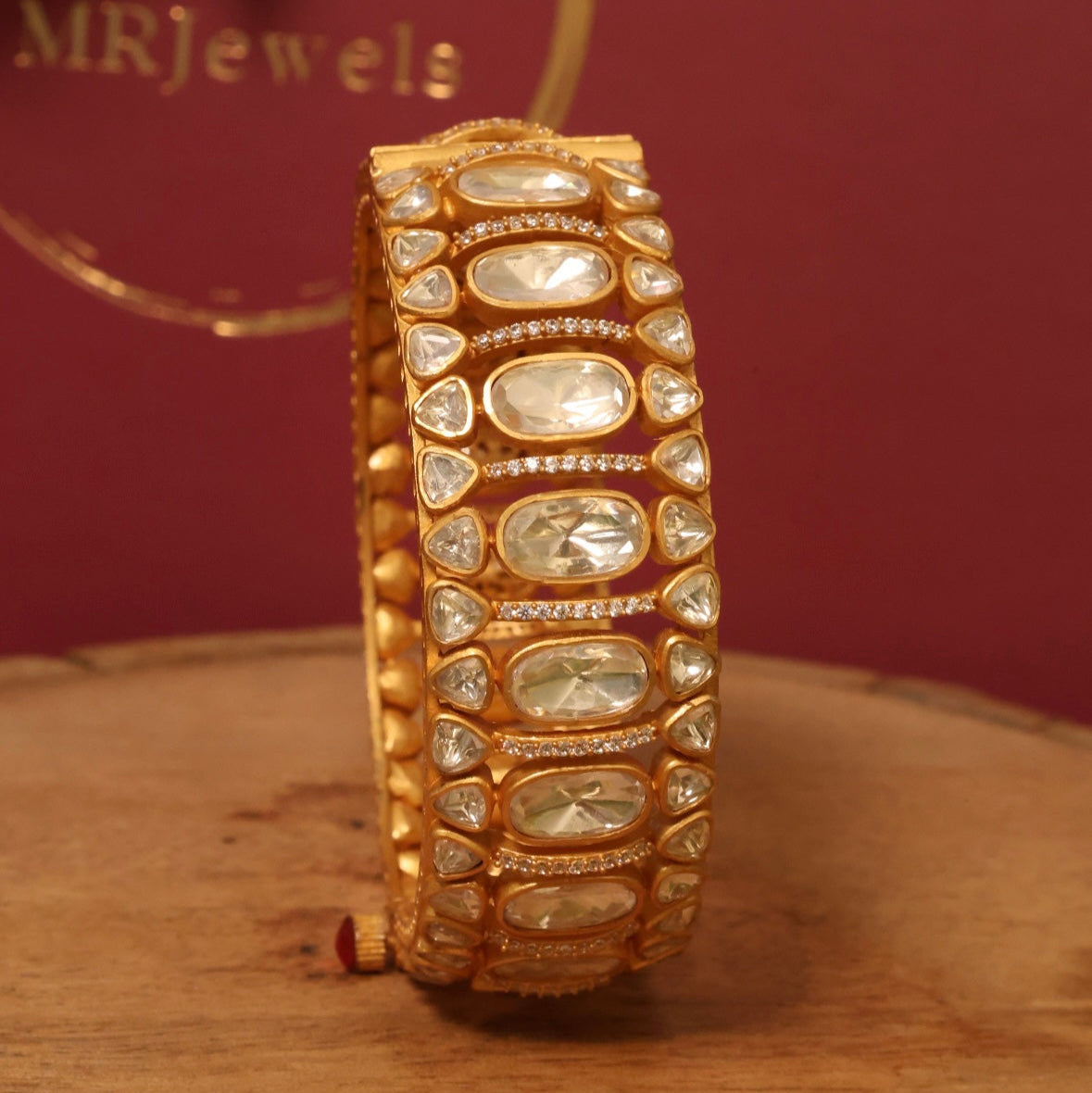 Victorian finish moissanite kada with uncut polki-style stones and screw fitting