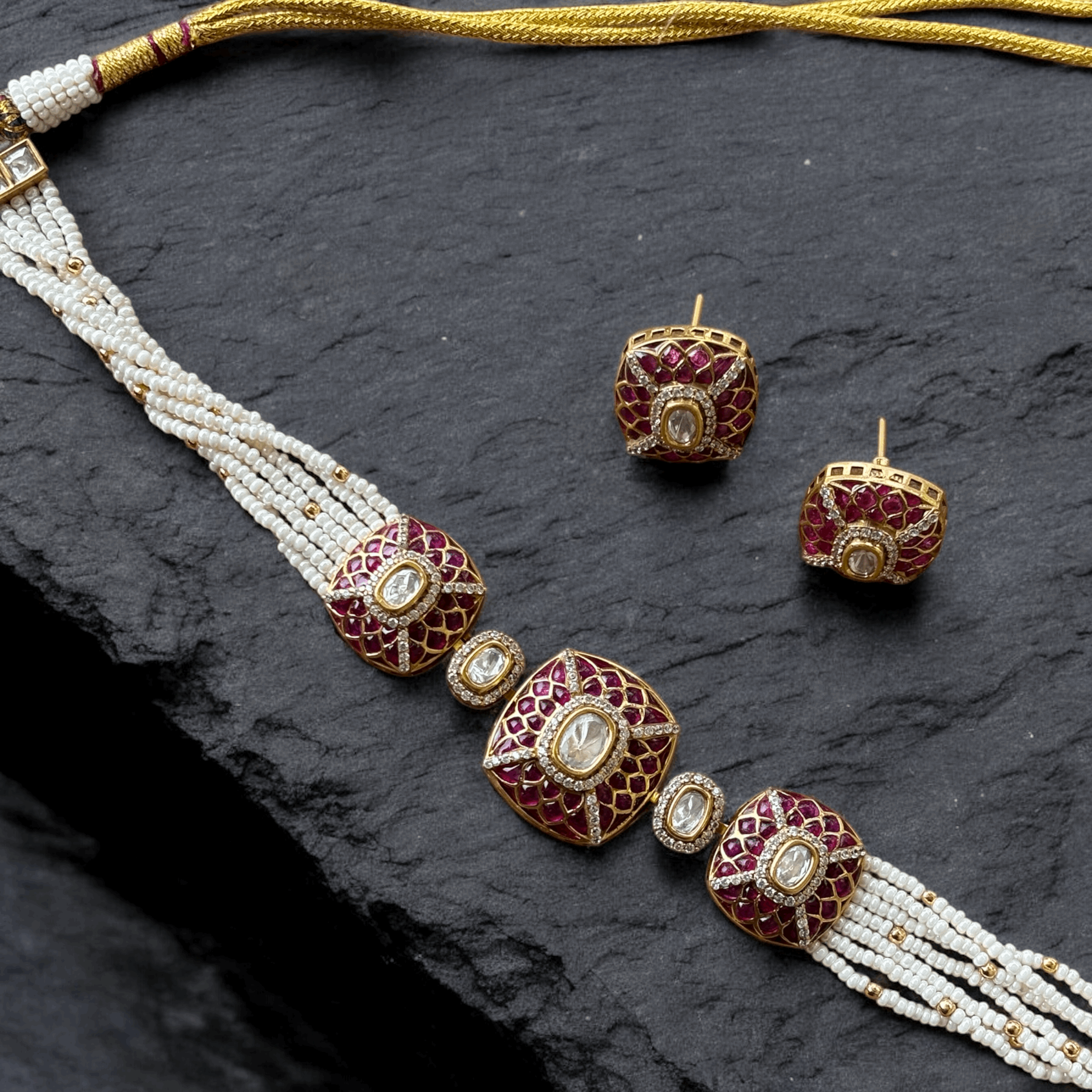 Gold-Plated Kundan Polki Choker Set Pearl & Enamel Detailing