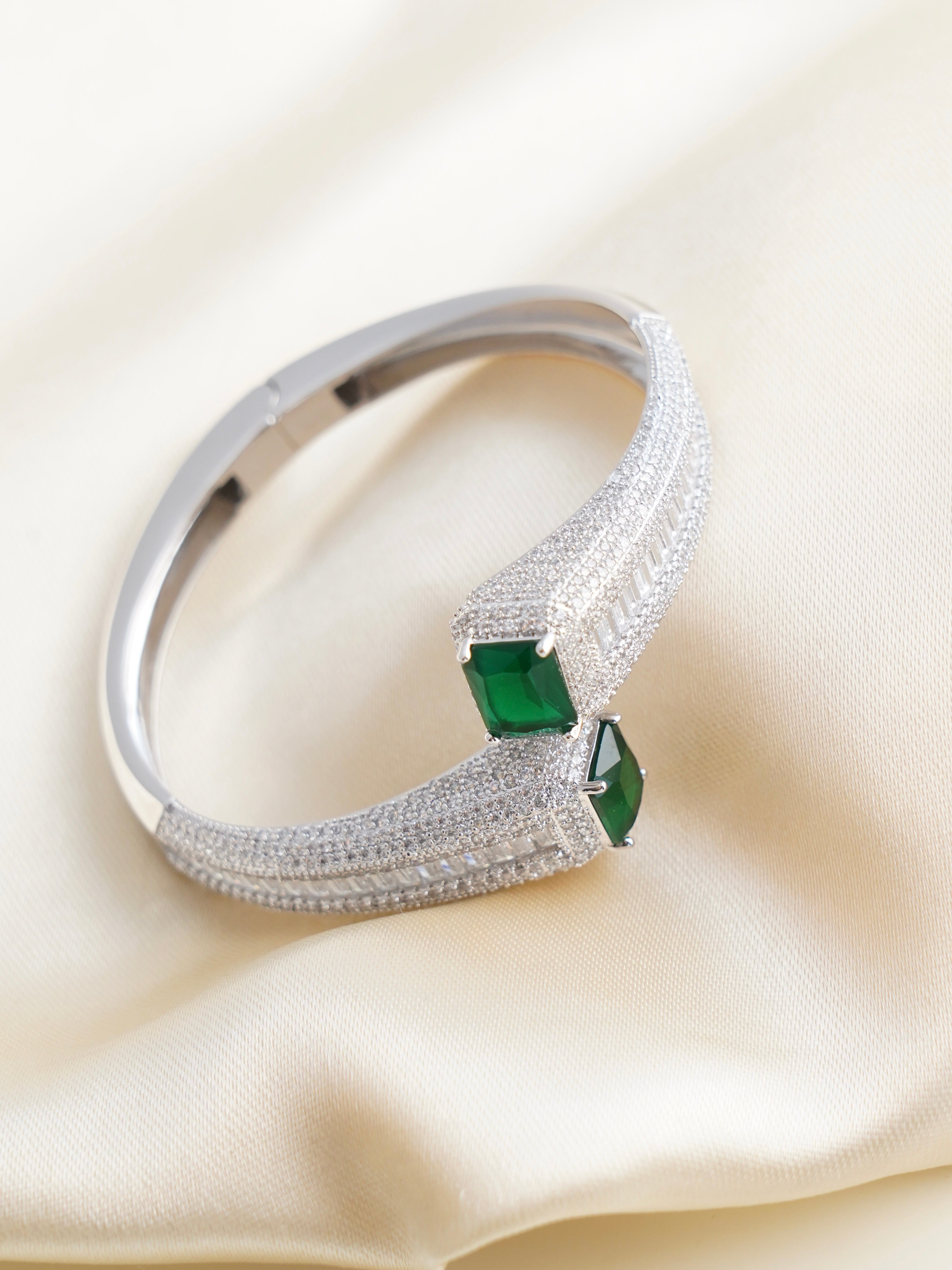 Silver bracelet with baby pink stones and micro-pave zirconia in a geometric pattern