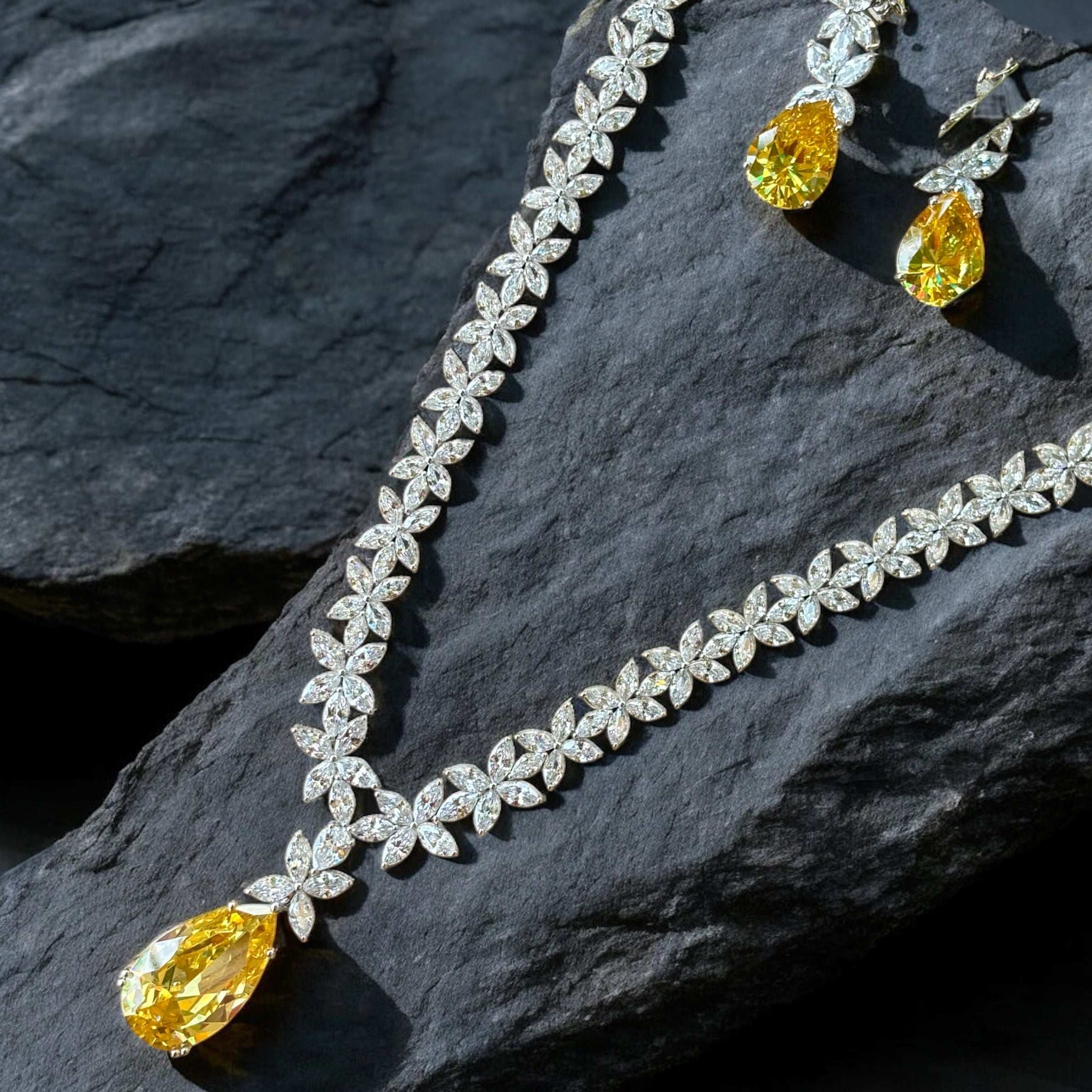 White Rhodium Finish Yellow Sapphire Stone Drop
Necklace Set