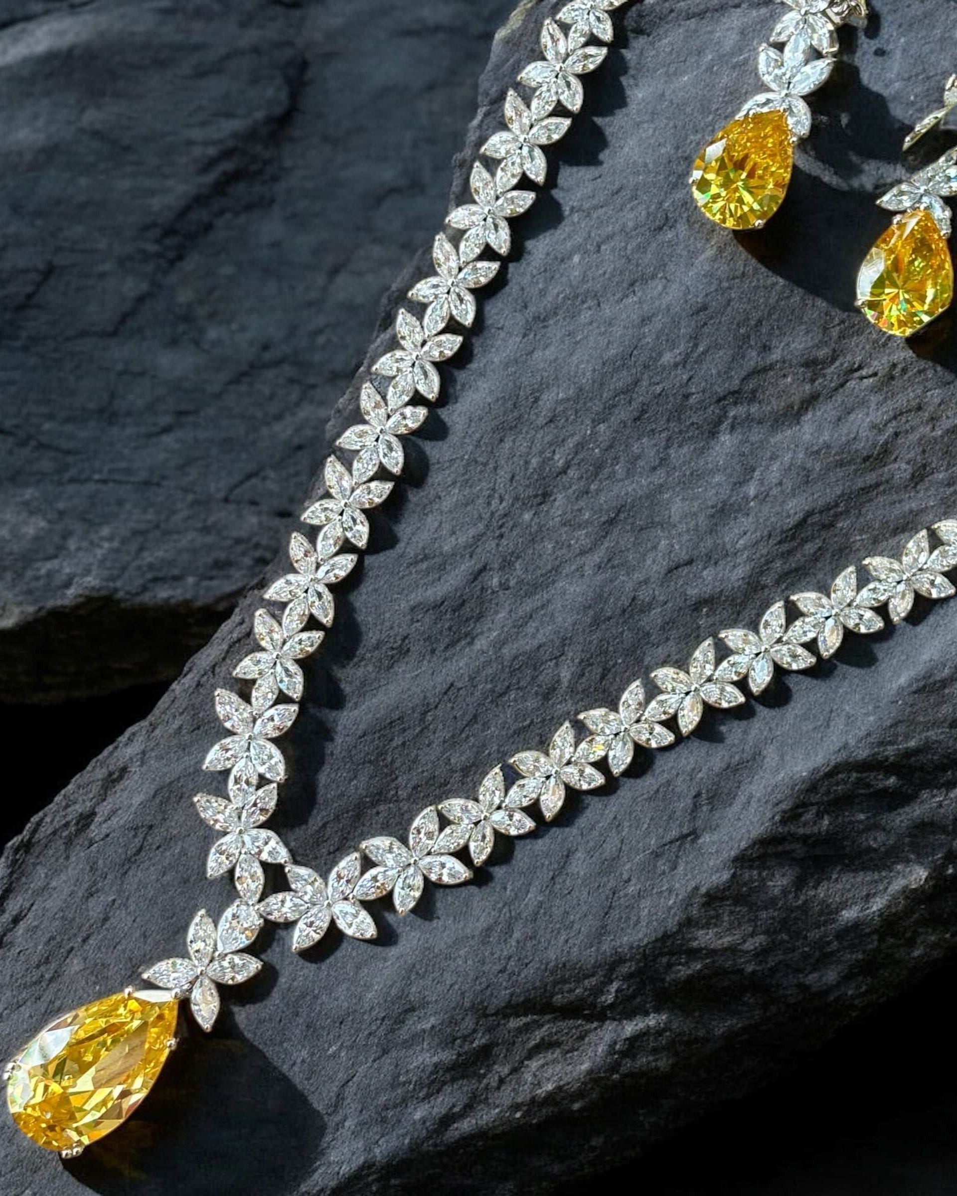 White Rhodium Finish Yellow Sapphire Stone Drop
Necklace Set