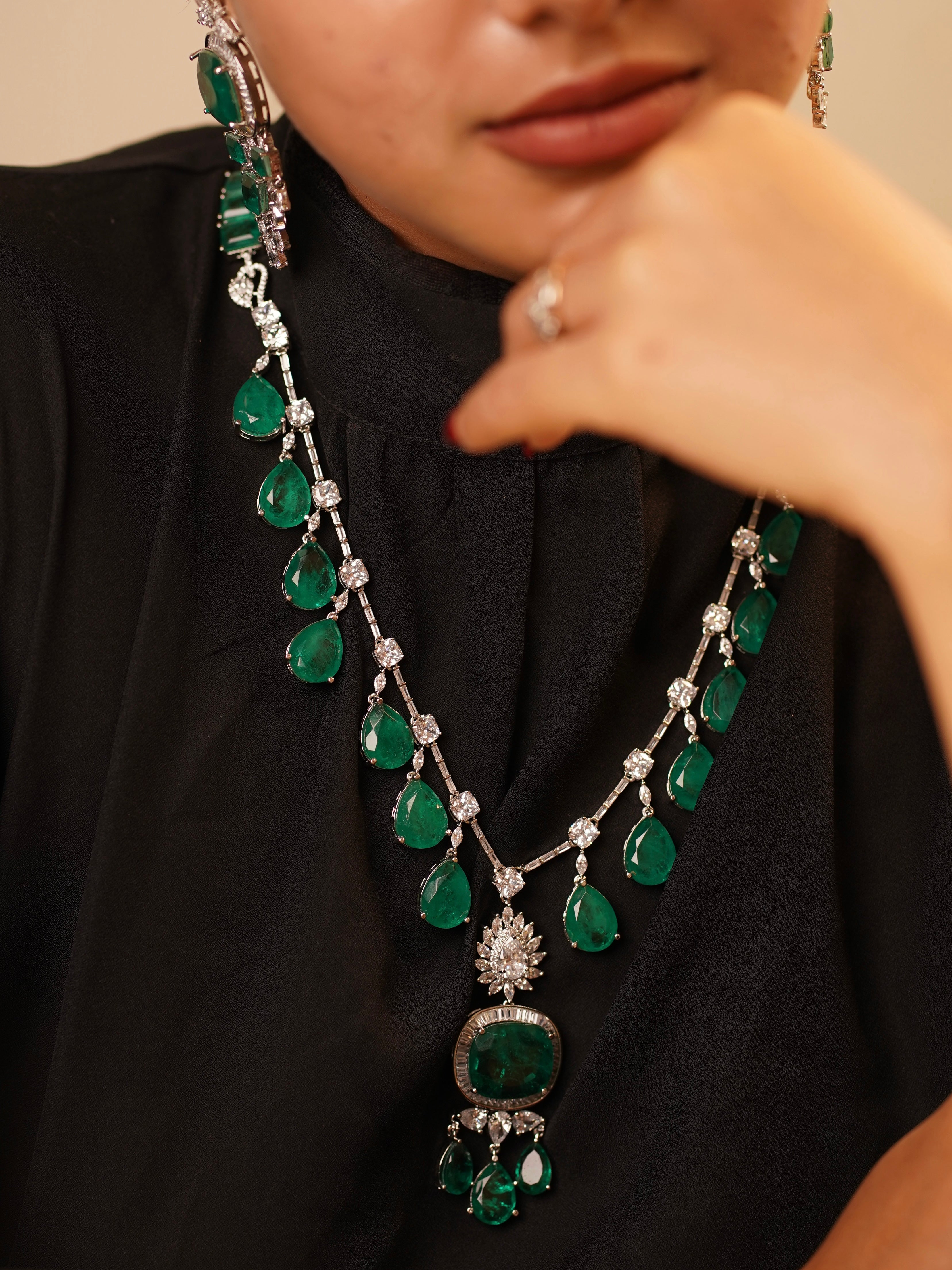 Nita Ambani inspired long Emerald Necklace set with matching earrings-Limited pieces