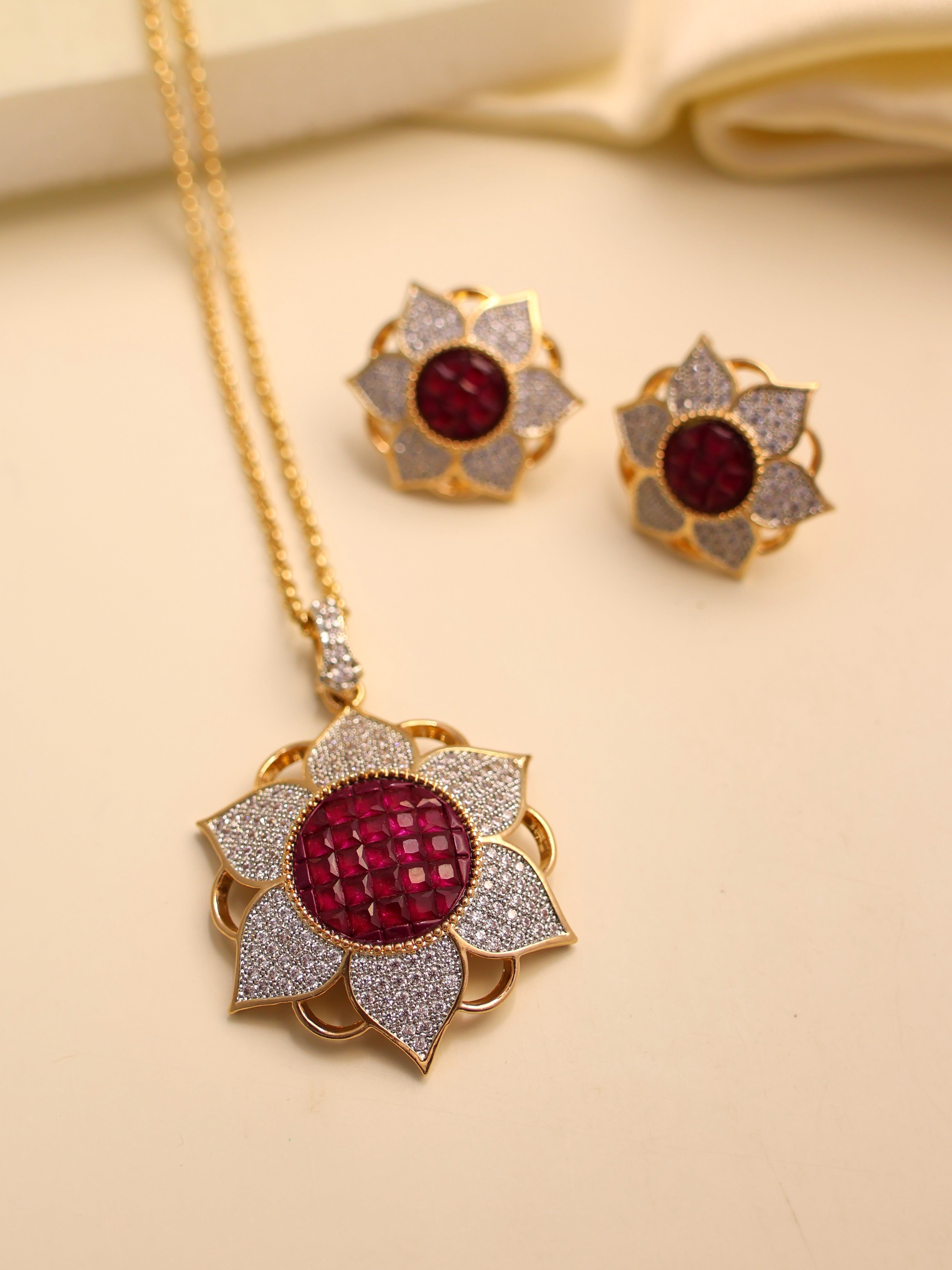 Ruby Flower Pendant with lovely earrings1