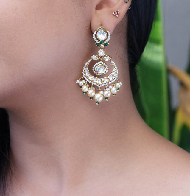 Rear view of earring backing and structure in traditional kundan chandbali design
