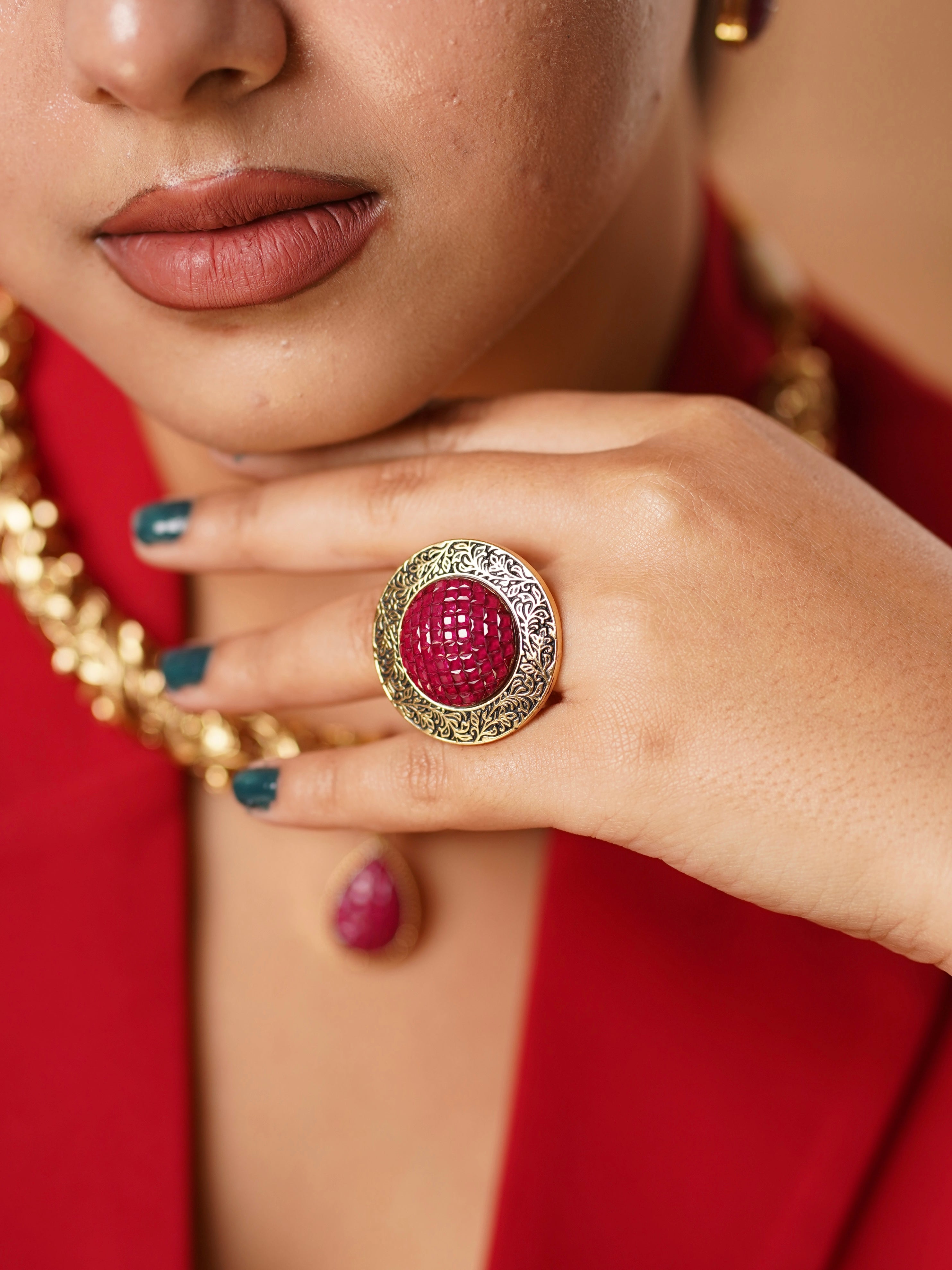 Ruby vilandi ring in free size design with micron gold plating