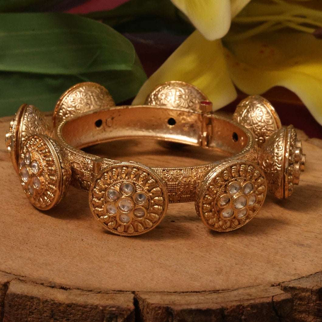 Royal Antique Polki Openable Kada Bangle Gold Plated