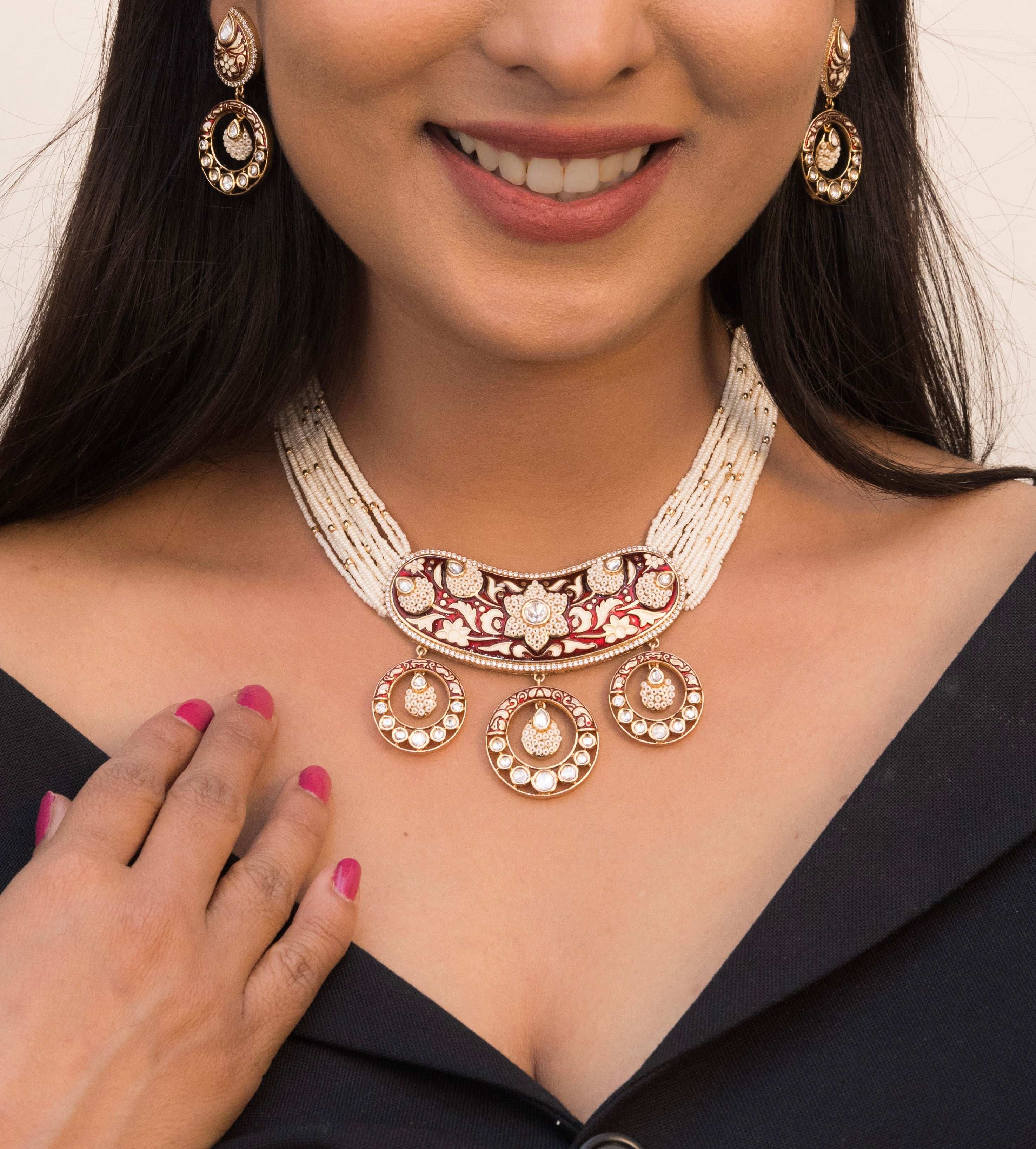 Zarira Enamel Pearl Necklace Set