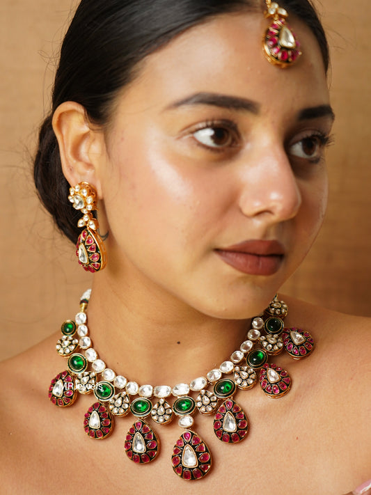 Noorani Ruby Emerald Victorian Kundan Necklace Set with Maang Tikka