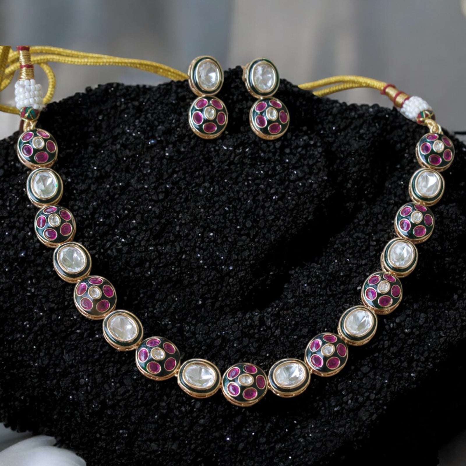 Designer Kundan Polki Necklace Set Meenakari & Gold-Plated Jewelry