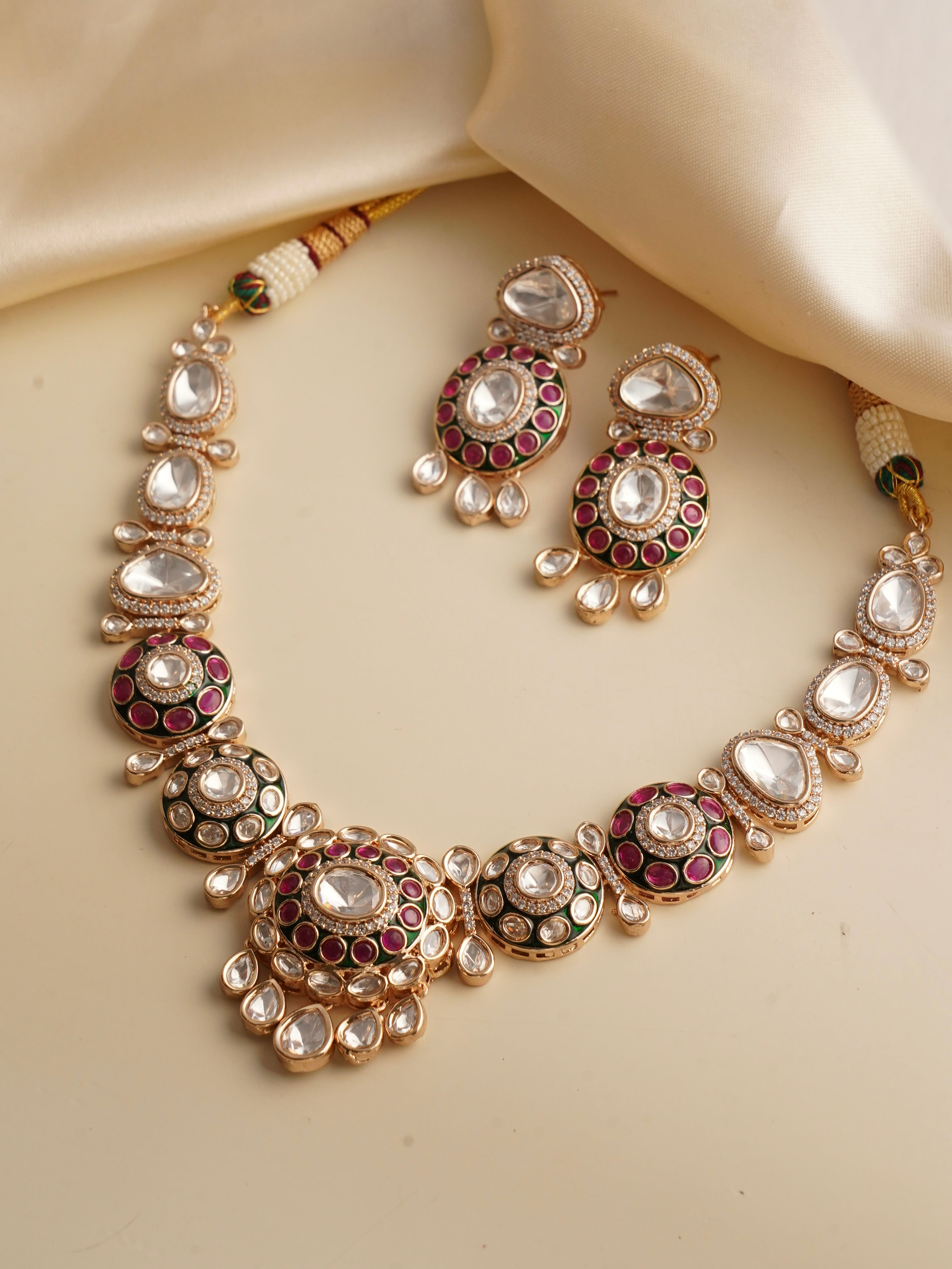 Meenakari necklace set with kundan inlays and floral enamel detailing