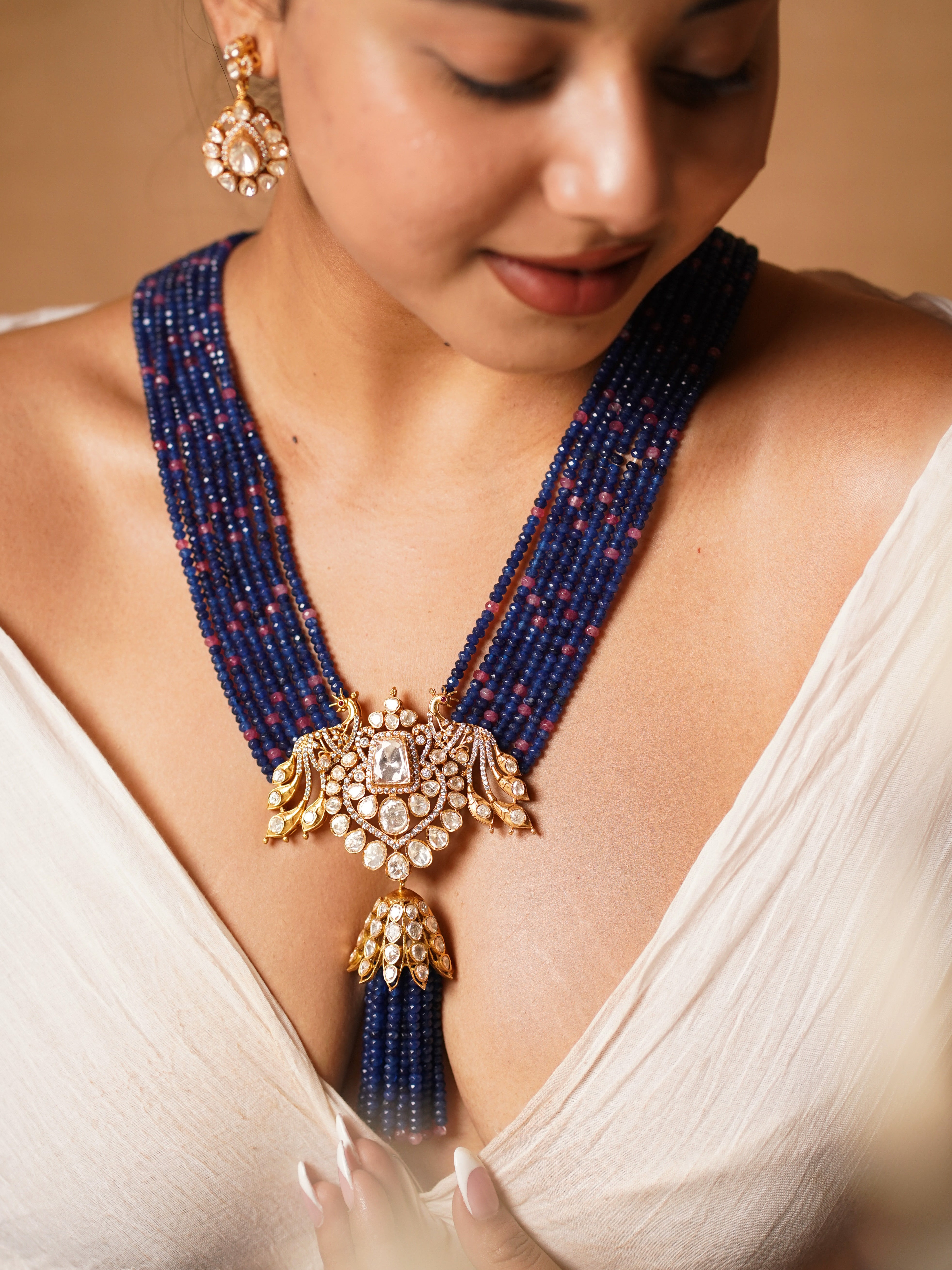 Peacock kundan necklace with blue enamel and layered pearl fringe
